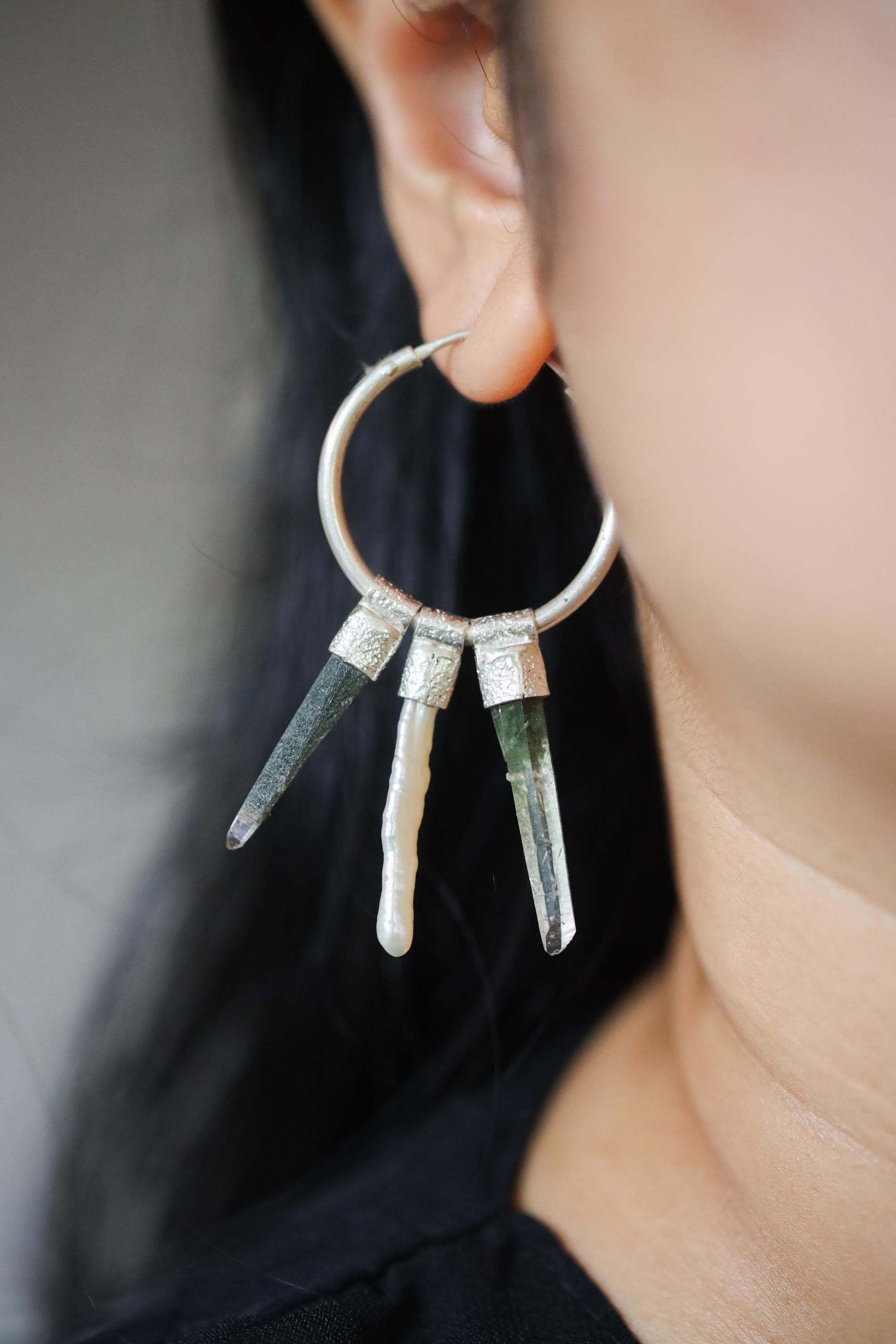 Himalayan Chlorite Quartz & Pearl Stack Pendant Earring, Sterling Silver Big Hoop, Multifunctional Jewelry,Virgo, Cancer Zodiac, Unique Gift