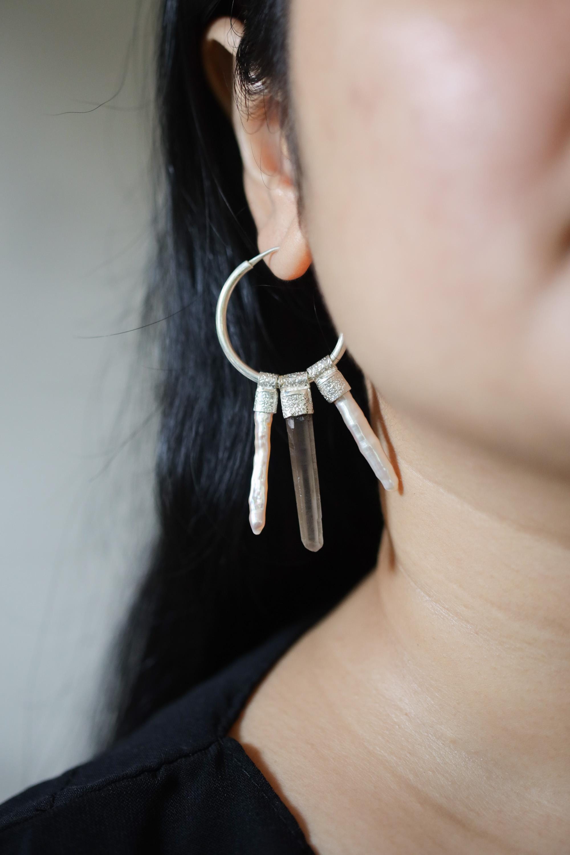 Earth Moon Smoky Quartz Pearl Stack Hoop Earrings worn on a model as statement sterling silver earrings.