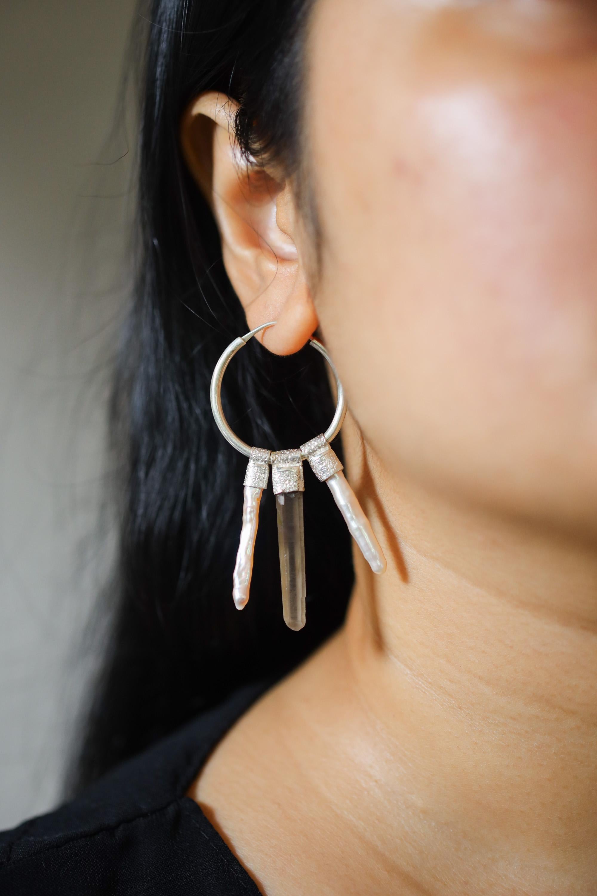 Sterling Silver Hoop Earrings: Smoky Quartz & Pearl Dangle, Root Chakra Jewelry