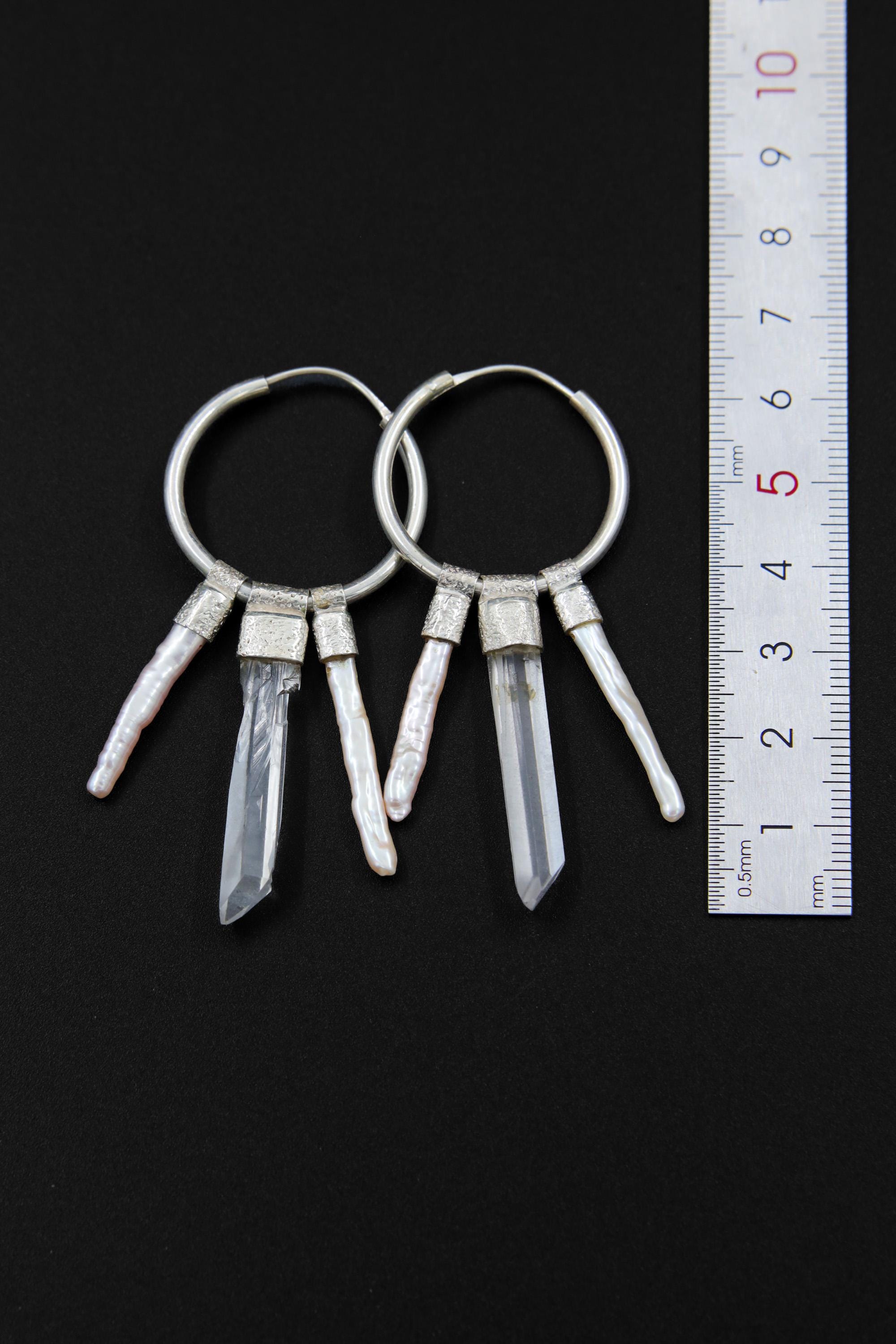 Sterling Silver Hoop Earrings: Clear Quartz & White Pearl Pendant