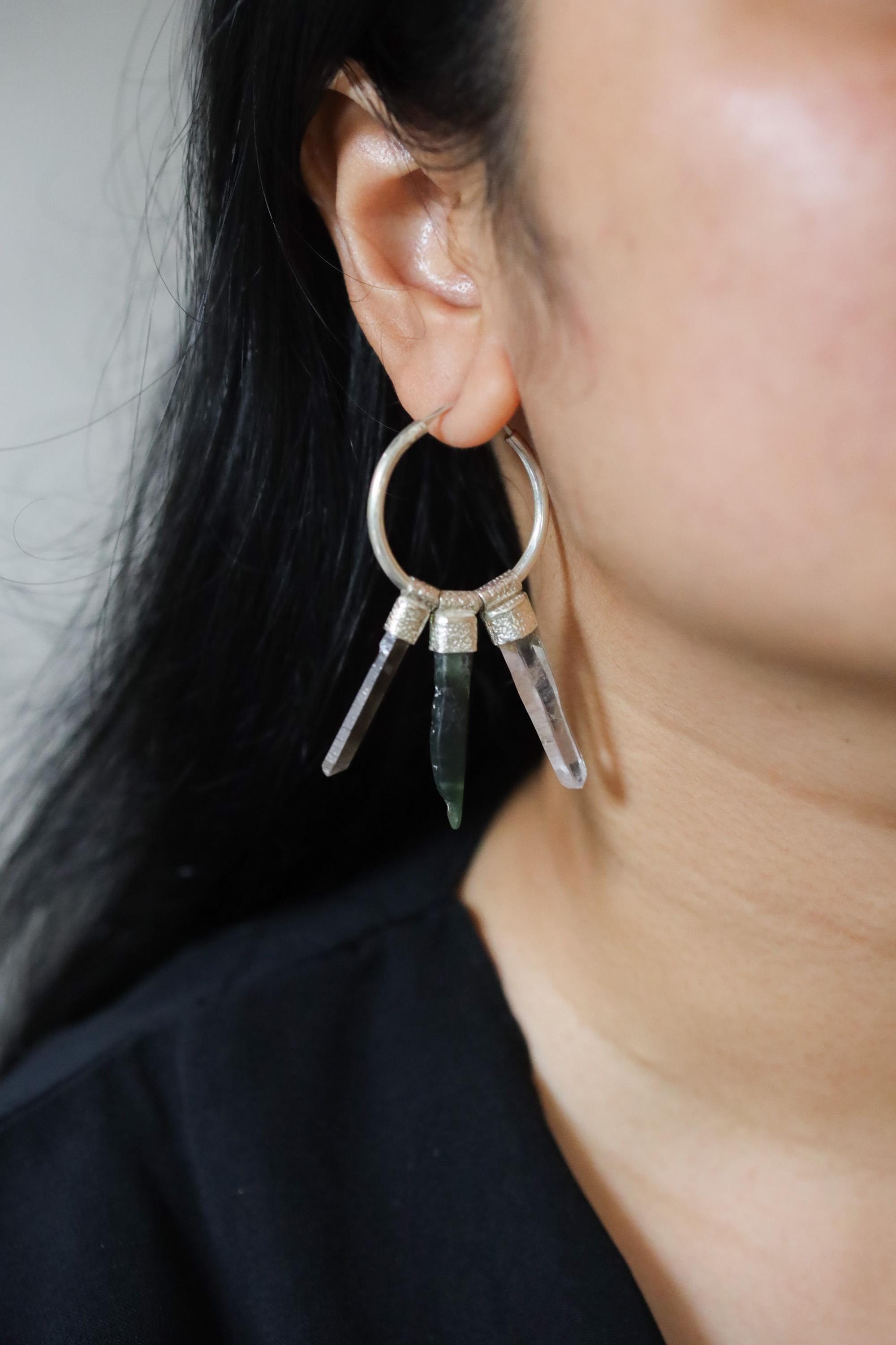 Green Jade Smoky Quartz Clear Quartz Hoop Earrings 925 Sterling Silver Heart Root Chakra Taurus Gift