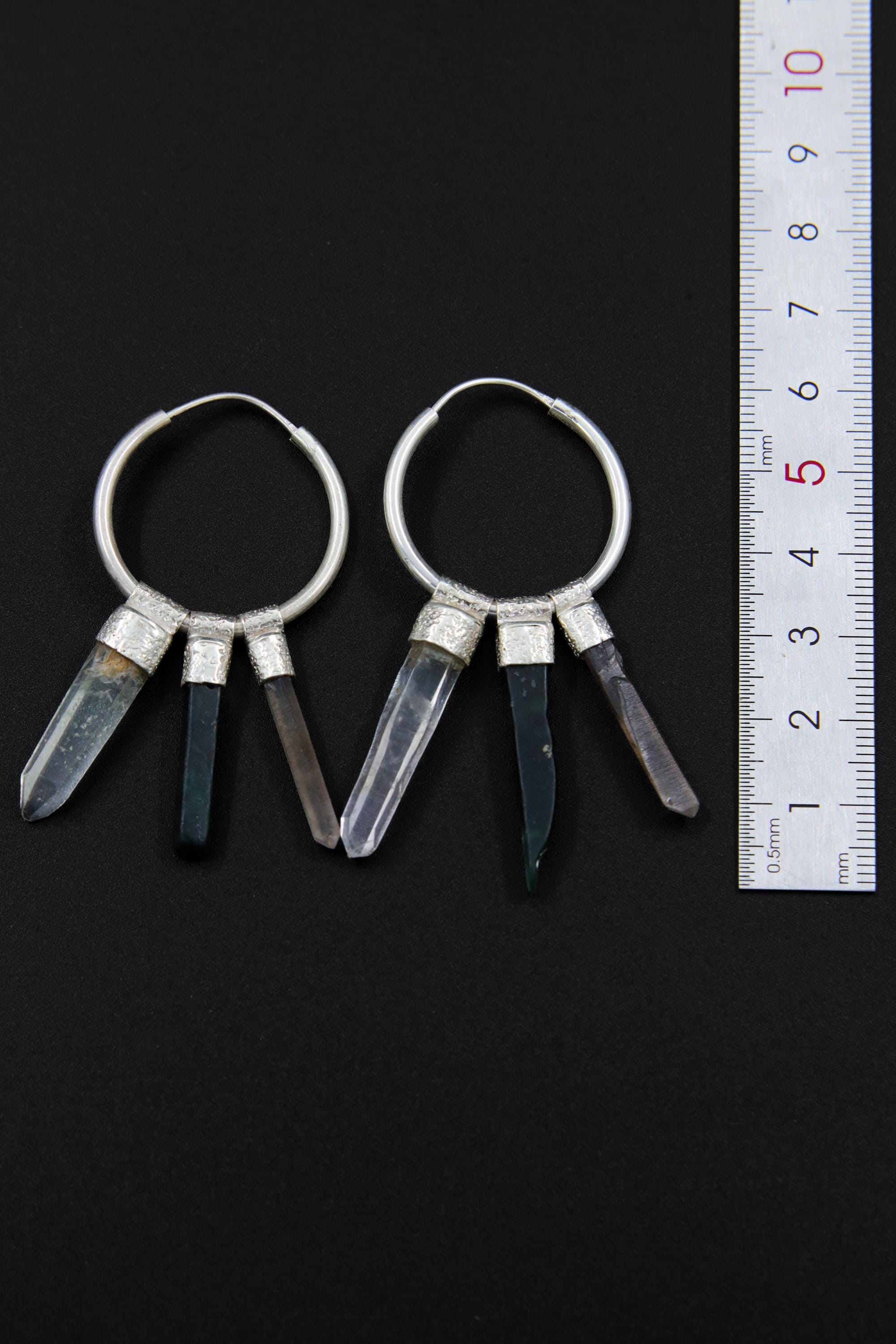 Green Jade, Smoky Quartz & Clear Quartz Stack Pendant Earrings, Sterling Silver Big Hoop, Heart and Root Chakra, Taurus Zodiac, Unique Gift