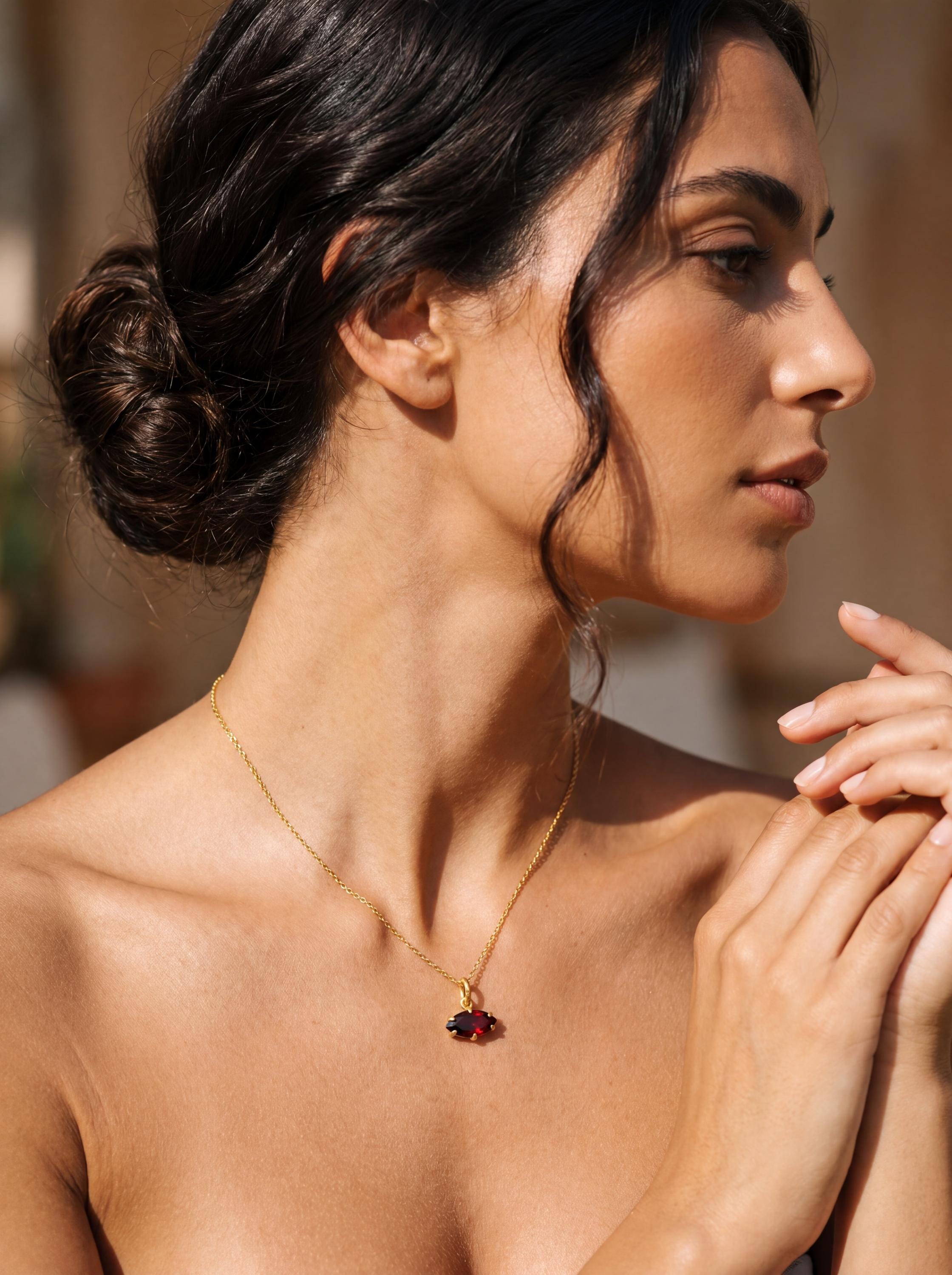 Garnet Pendant 925 Sterling Silver 18k Gold Plated Sand Textured Claw Set Marquise Necklace Root Chakra January Birthstone Gift