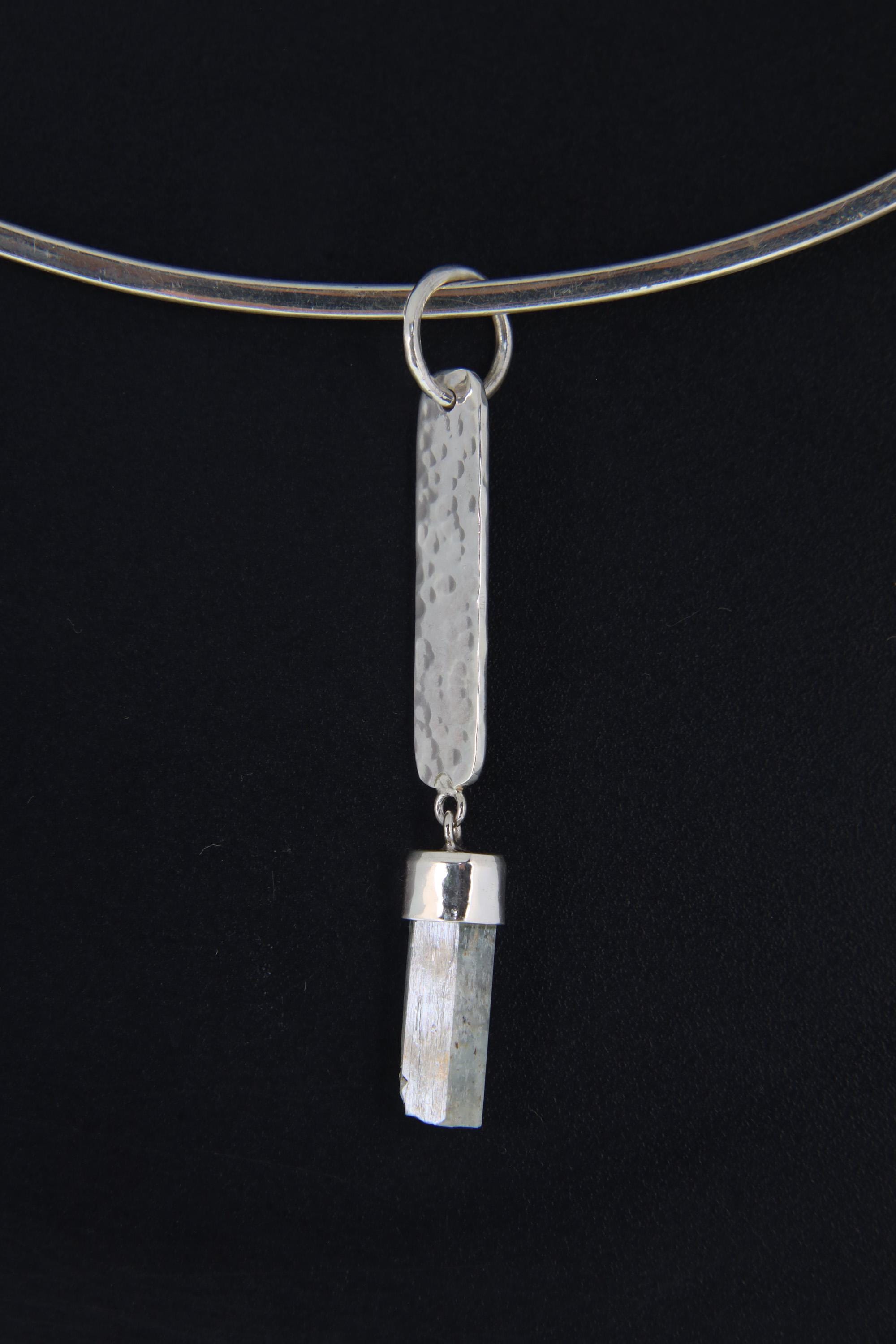 Natural Gem Aquamarine from Australian - Textured & Sterling Silver Pendant - Flat