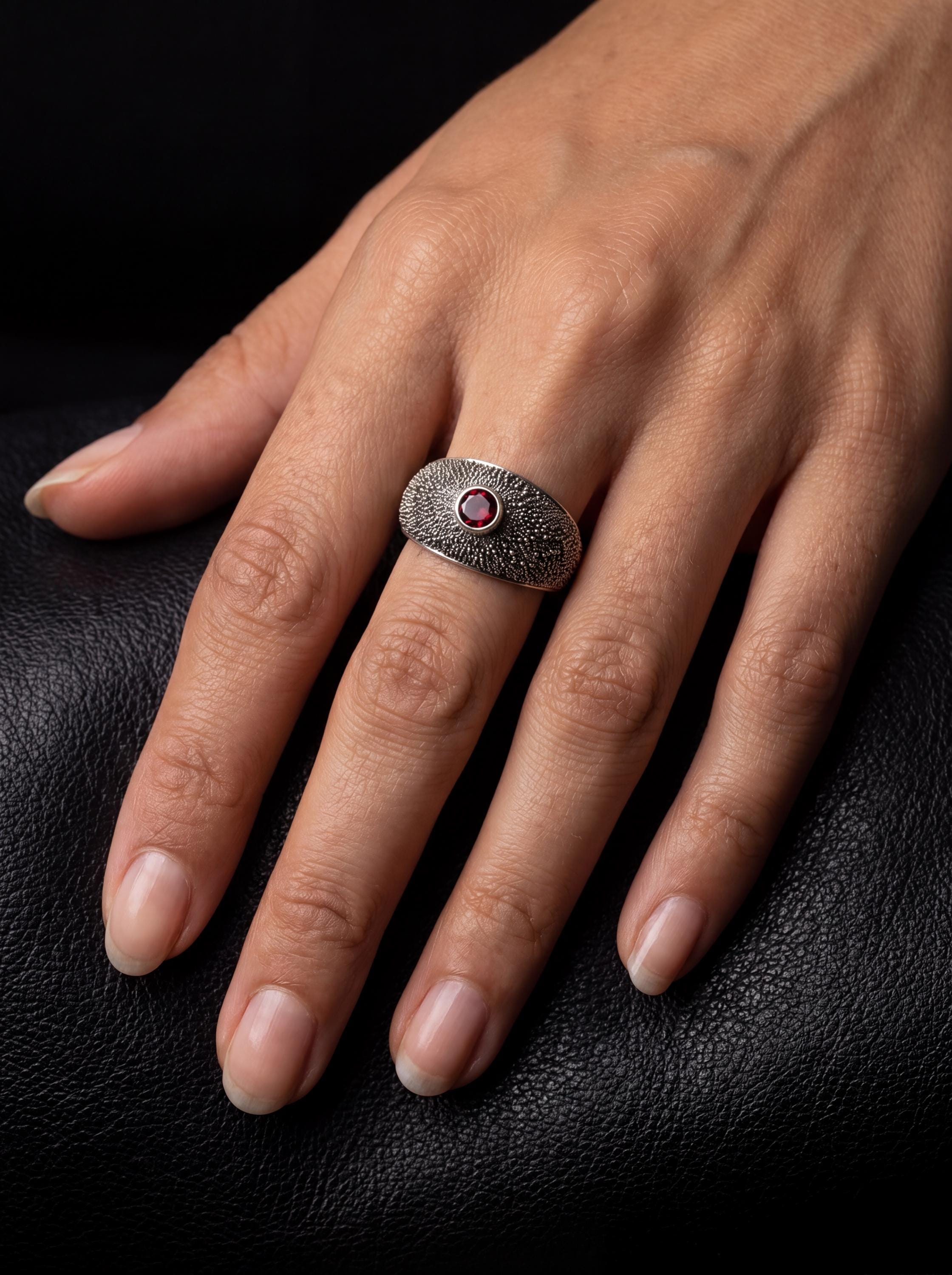 Red Garnet Silver Ring 925 Sterling Silver Textured Oxidized Finish Faceted Garnet Ring Minimalist Statement Jewelry Root Chakra Gift