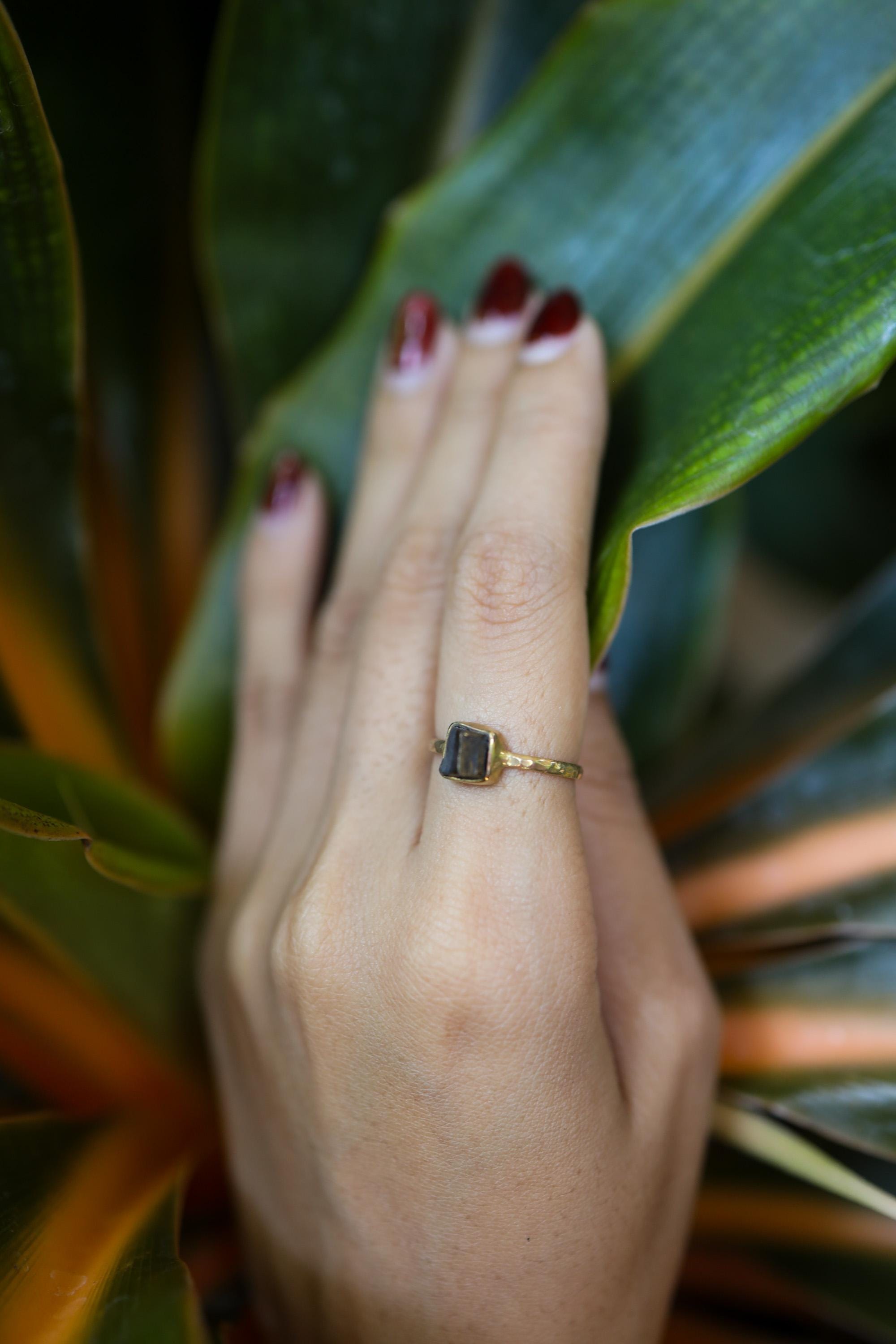 Gold Plated Pyrite Ring: Hammered Sterling Silver Band, Size 5 1/2
