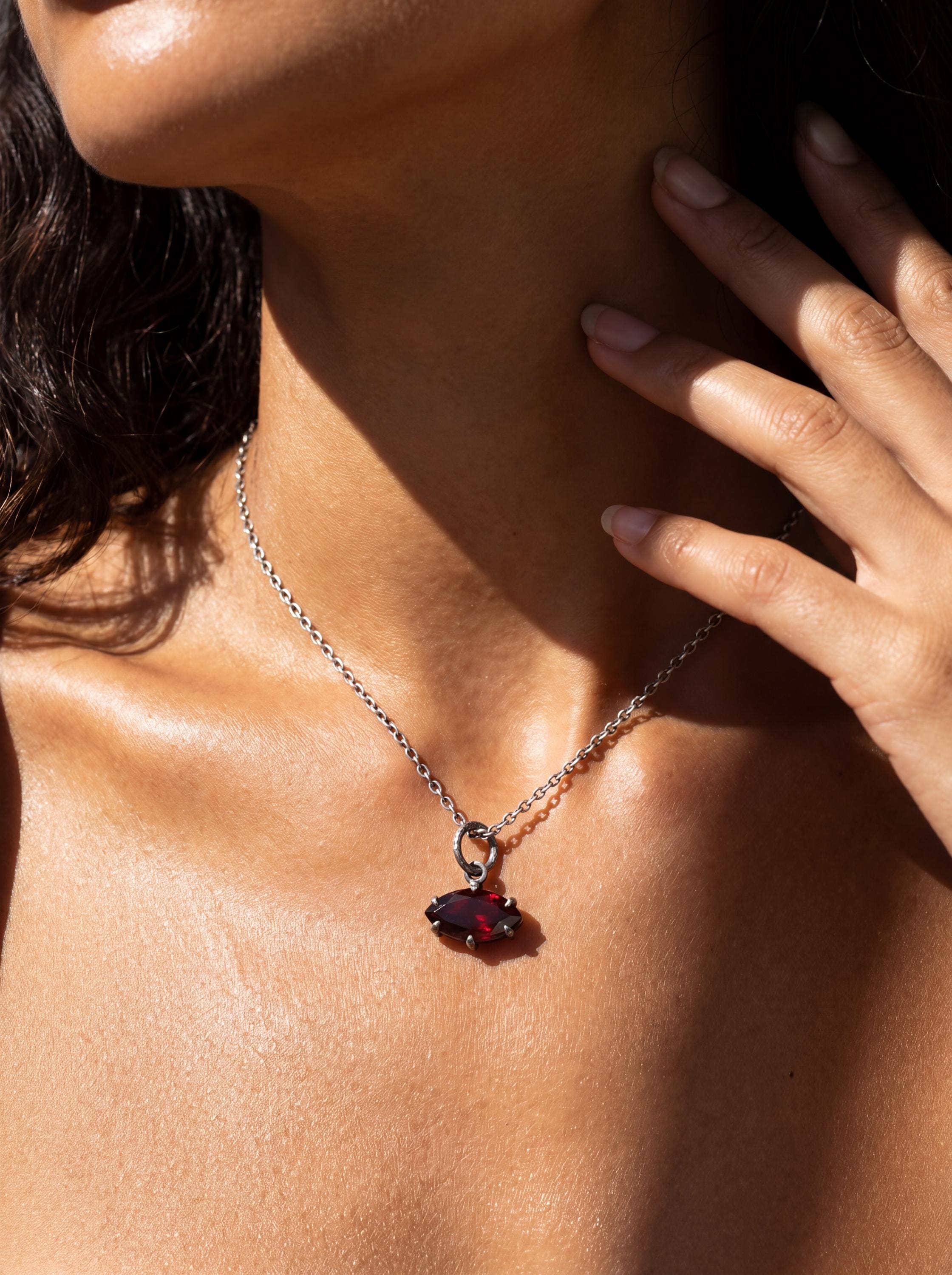 Garnet Marquise Pendant 925 Sterling Silver Sand Textured Oxidized Claw Necklace Root Chakra January Birthstone Gift