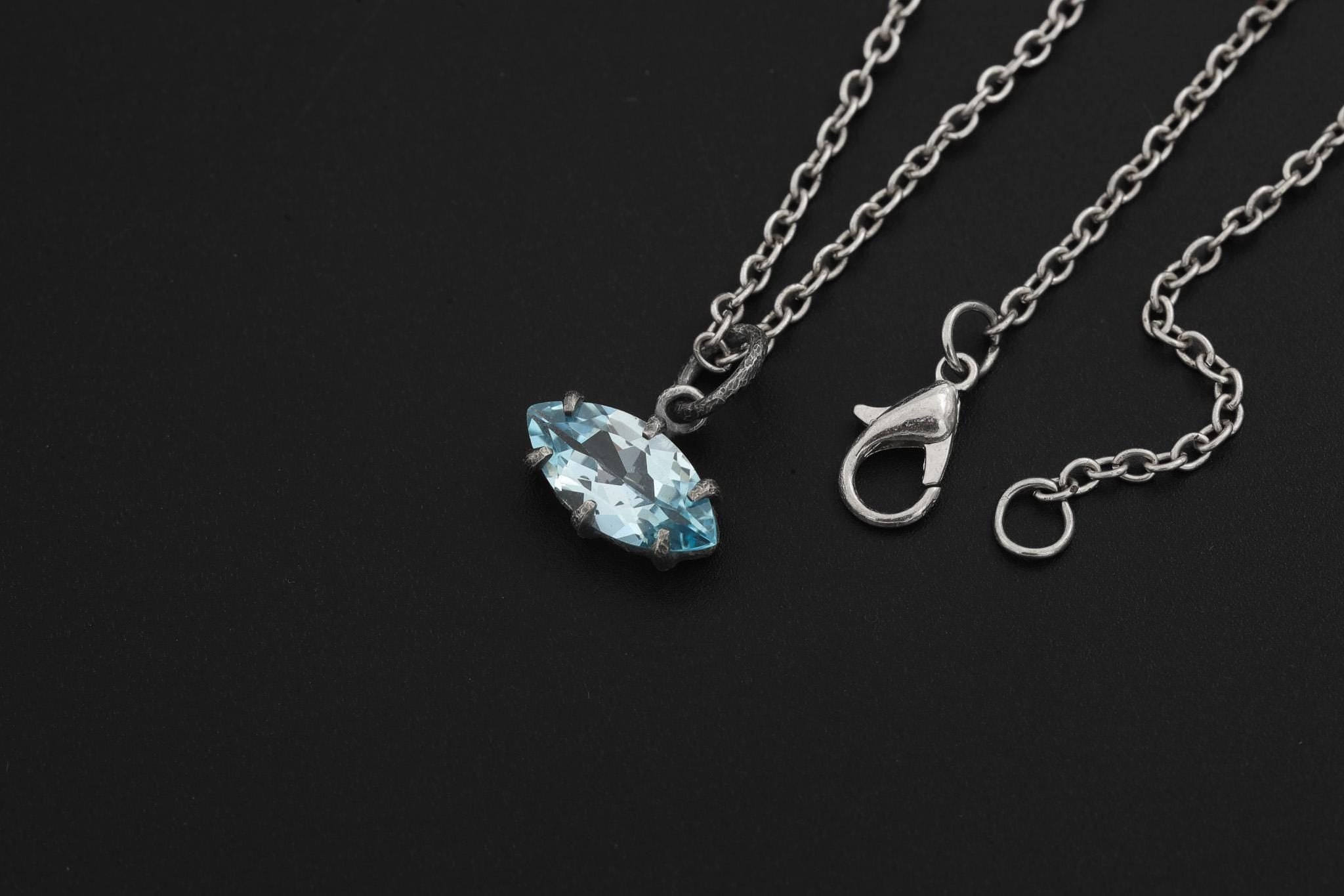 Claw Set Blue Topaz Eye Pendant 925 Sterling Silver Marquise Faceted Necklace Oxidized Sand Texture Throat Chakra December Birthstone Gift