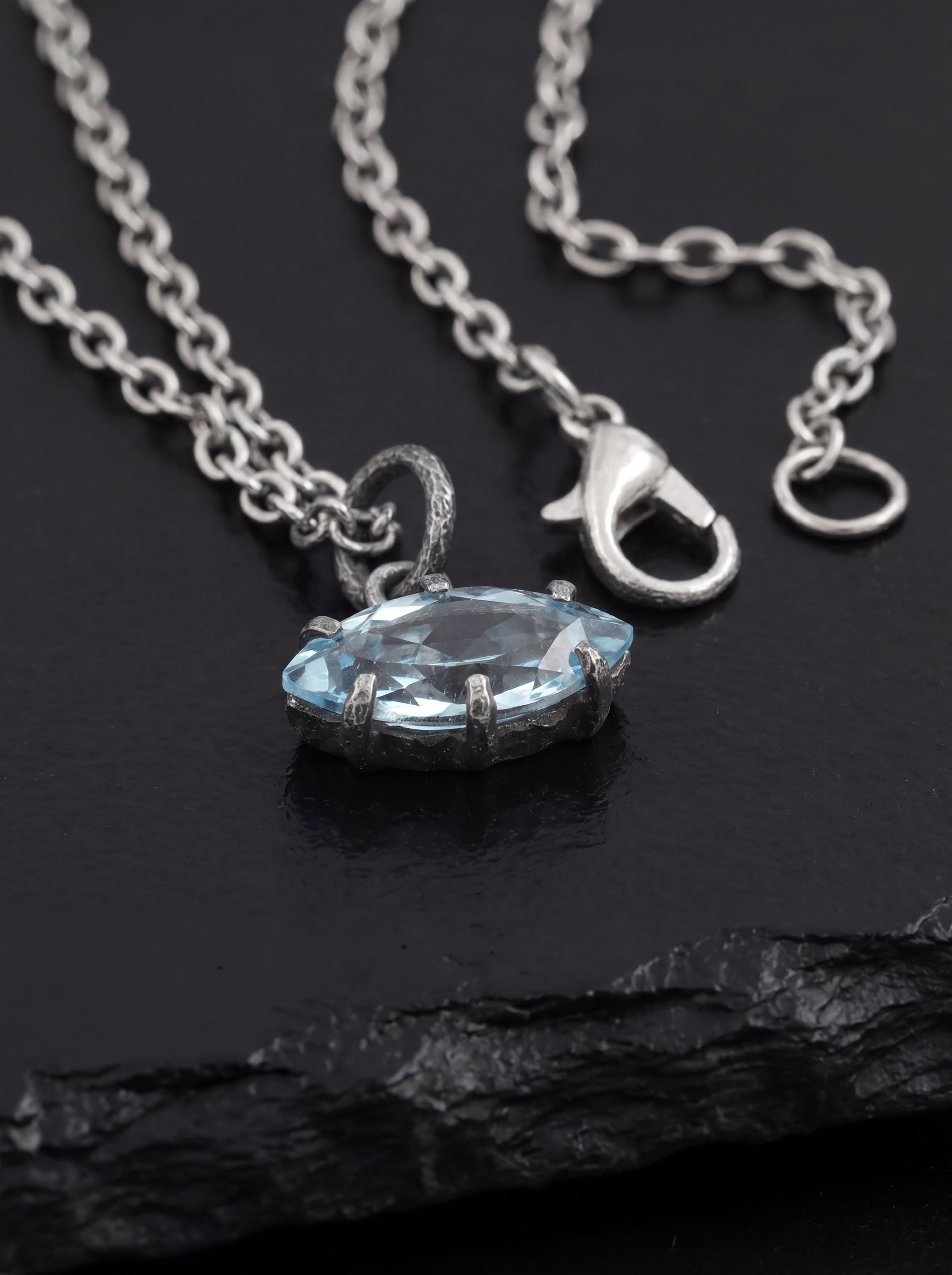 Claw Set Blue Topaz Eye Pendant 925 Sterling Silver Marquise Faceted Necklace Oxidized Sand Texture Throat Chakra December Birthstone Gift