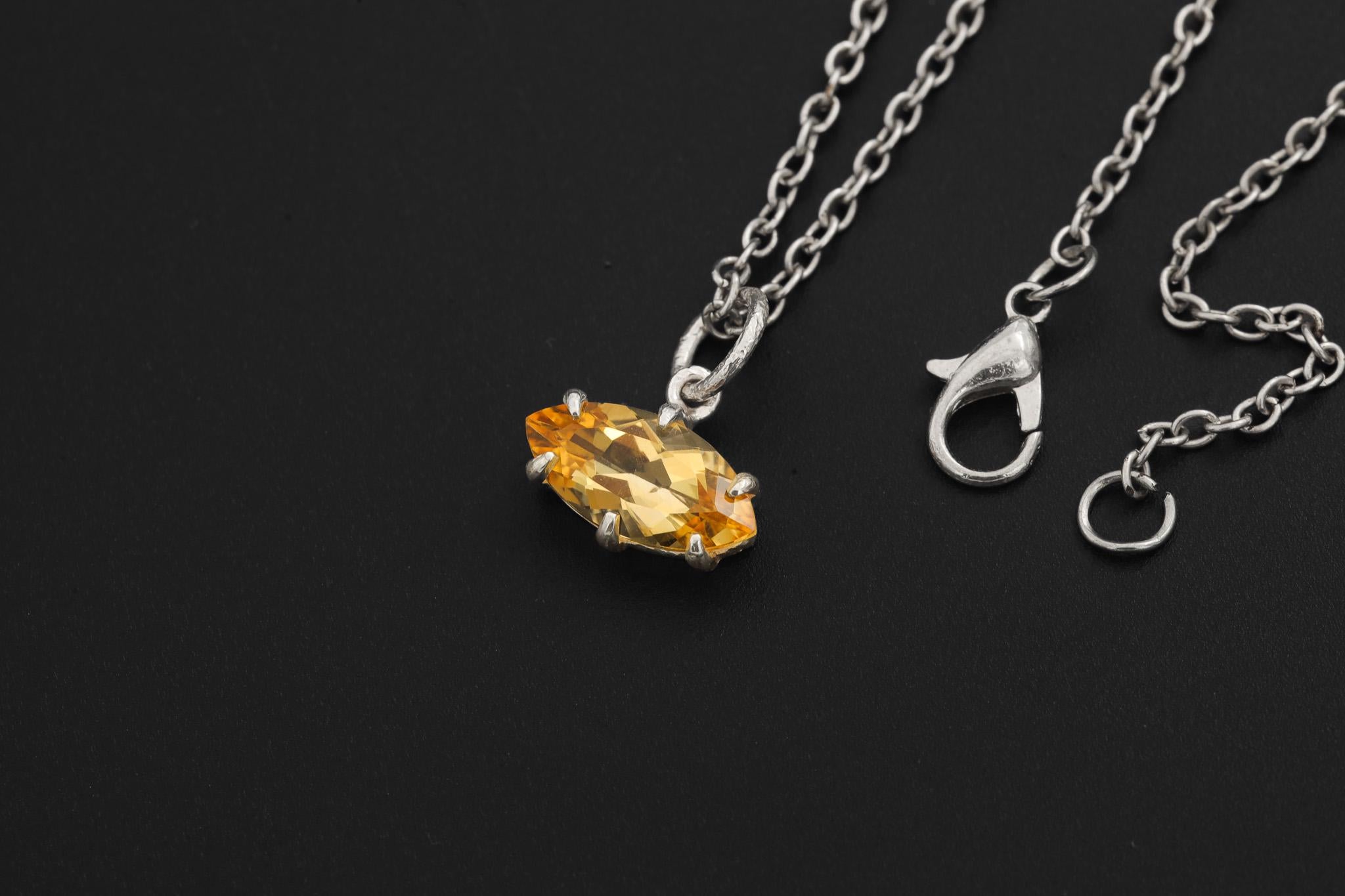 Citrine Marquise Pendant 925 Sterling Silver High Shine Claw Necklace Solar Plexus Chakra Leo Fire Gift