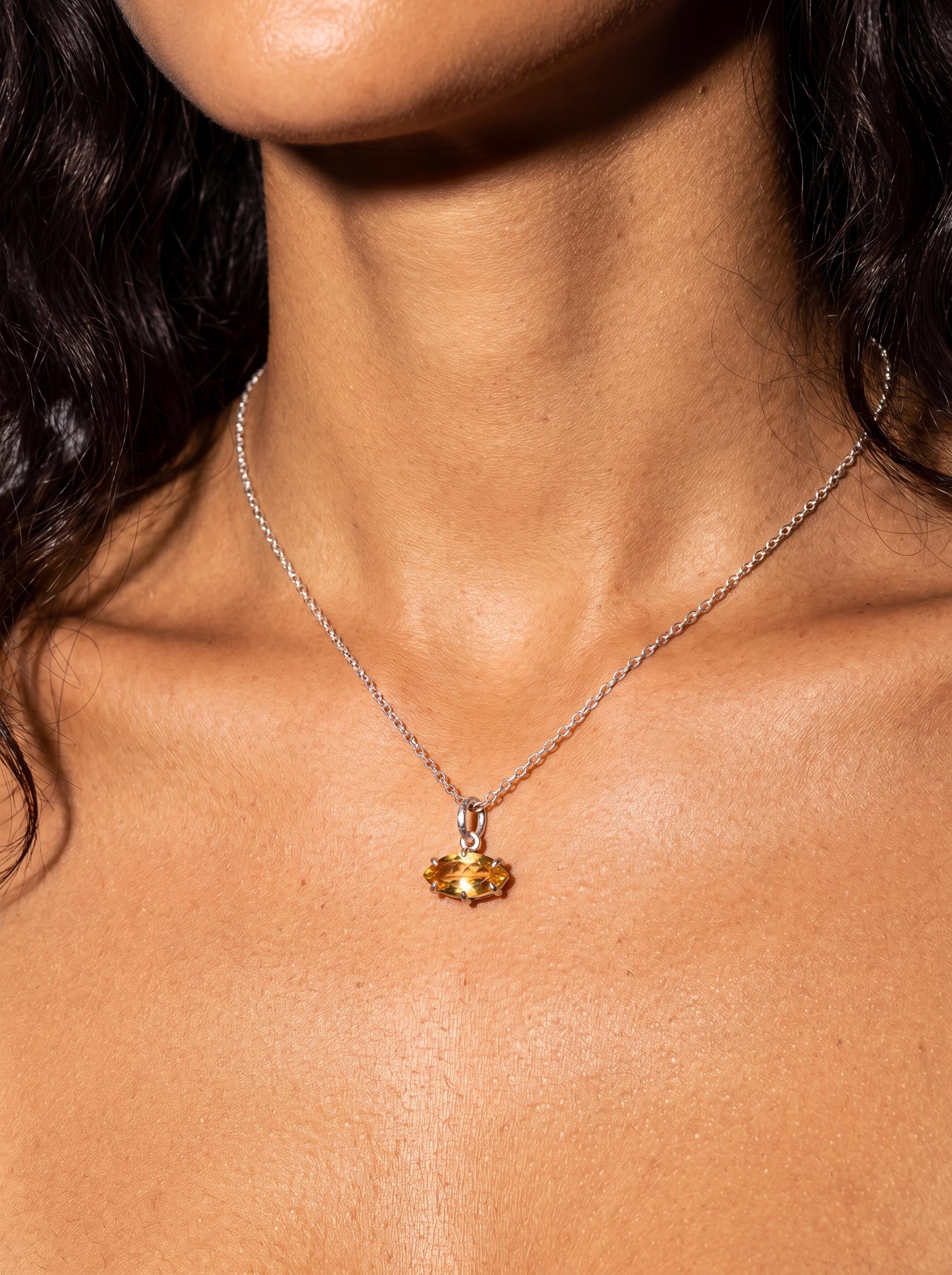 Citrine Marquise Pendant 925 Sterling Silver High Shine Claw Necklace Solar Plexus Chakra Leo Fire Gift