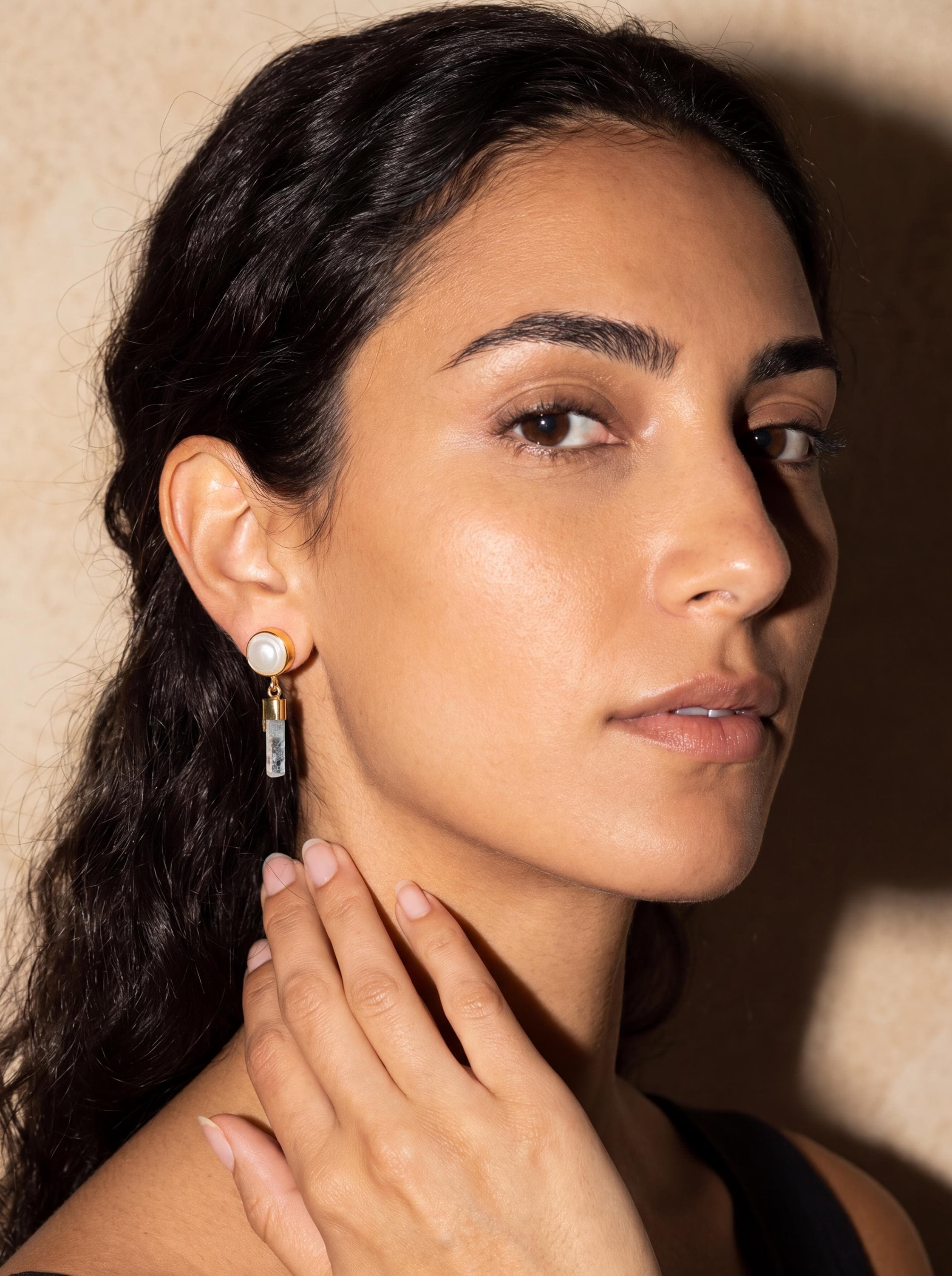South Sea Pearl Aquamarine Earrings, 18k Gold Plated Sterling Silver Dangles