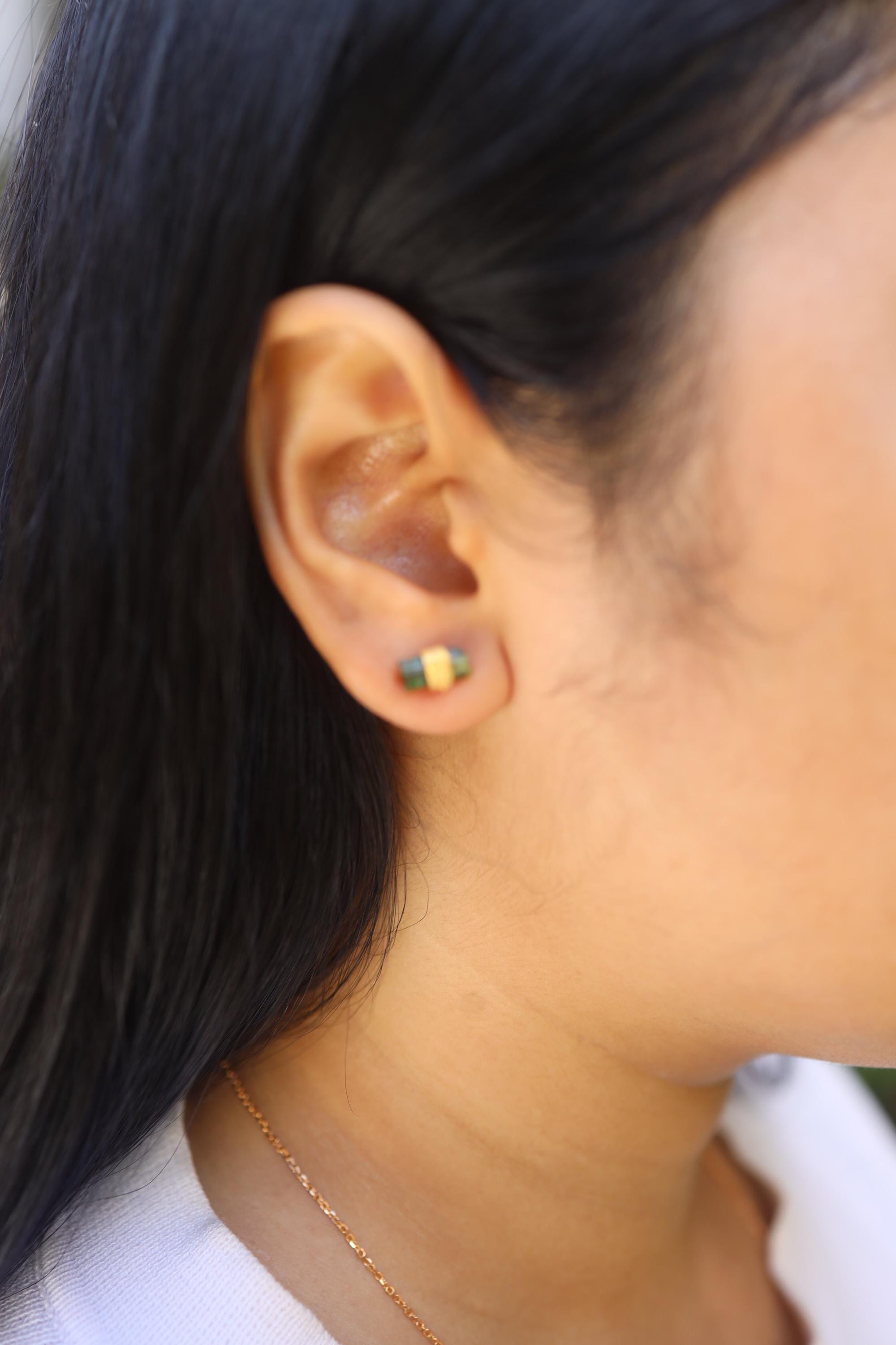 Gold Wrapped Green Tourmaline Ear Studs: Sand Textured Sterling Silver