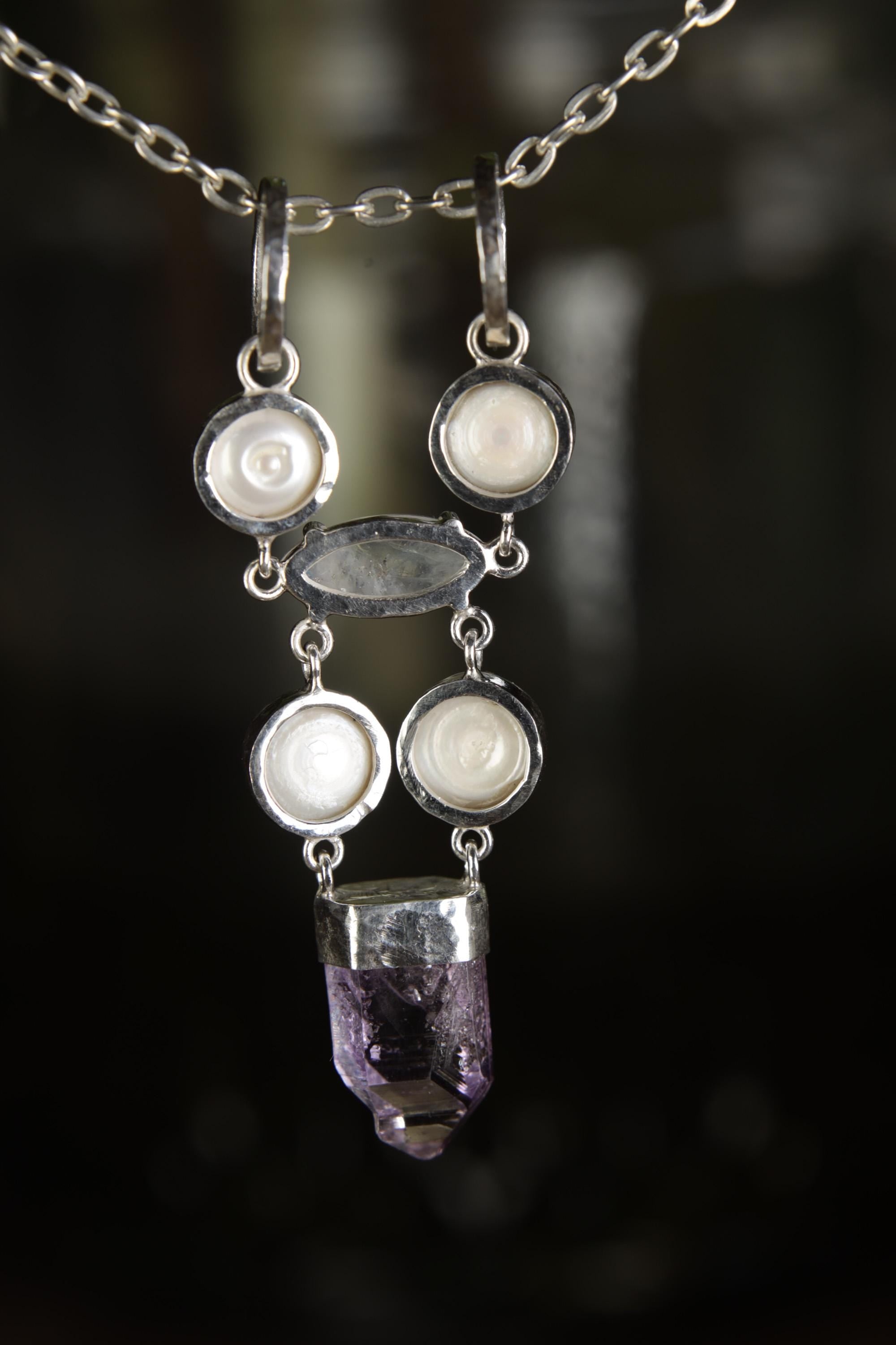 Hammered Sterling Silver Pendant: South Sea Pearl, Moonstone & Vera Cruz Amethyst
