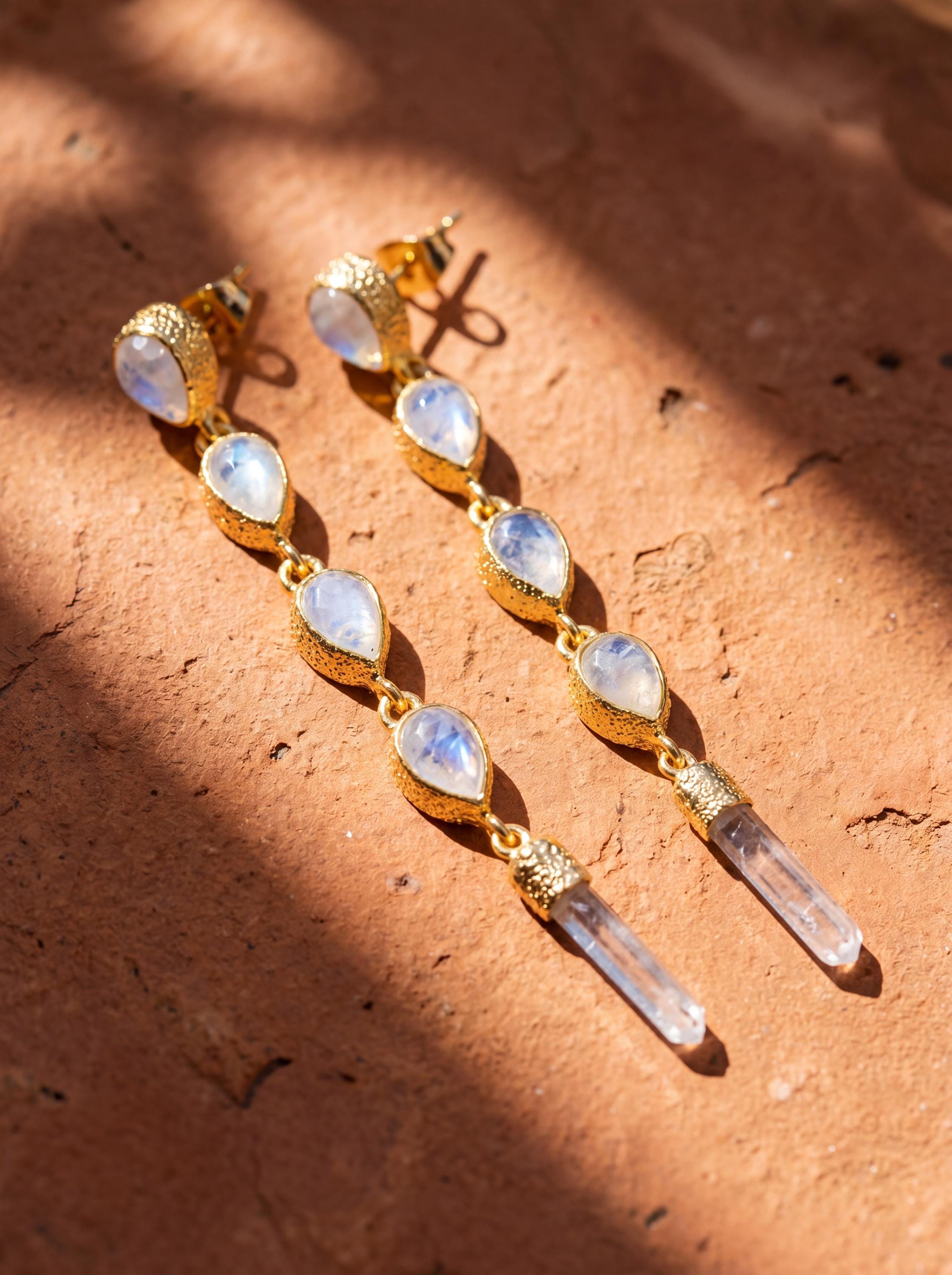 Blue Moonstone Quartz Drop Earrings, Gold Plated Sterling Silver