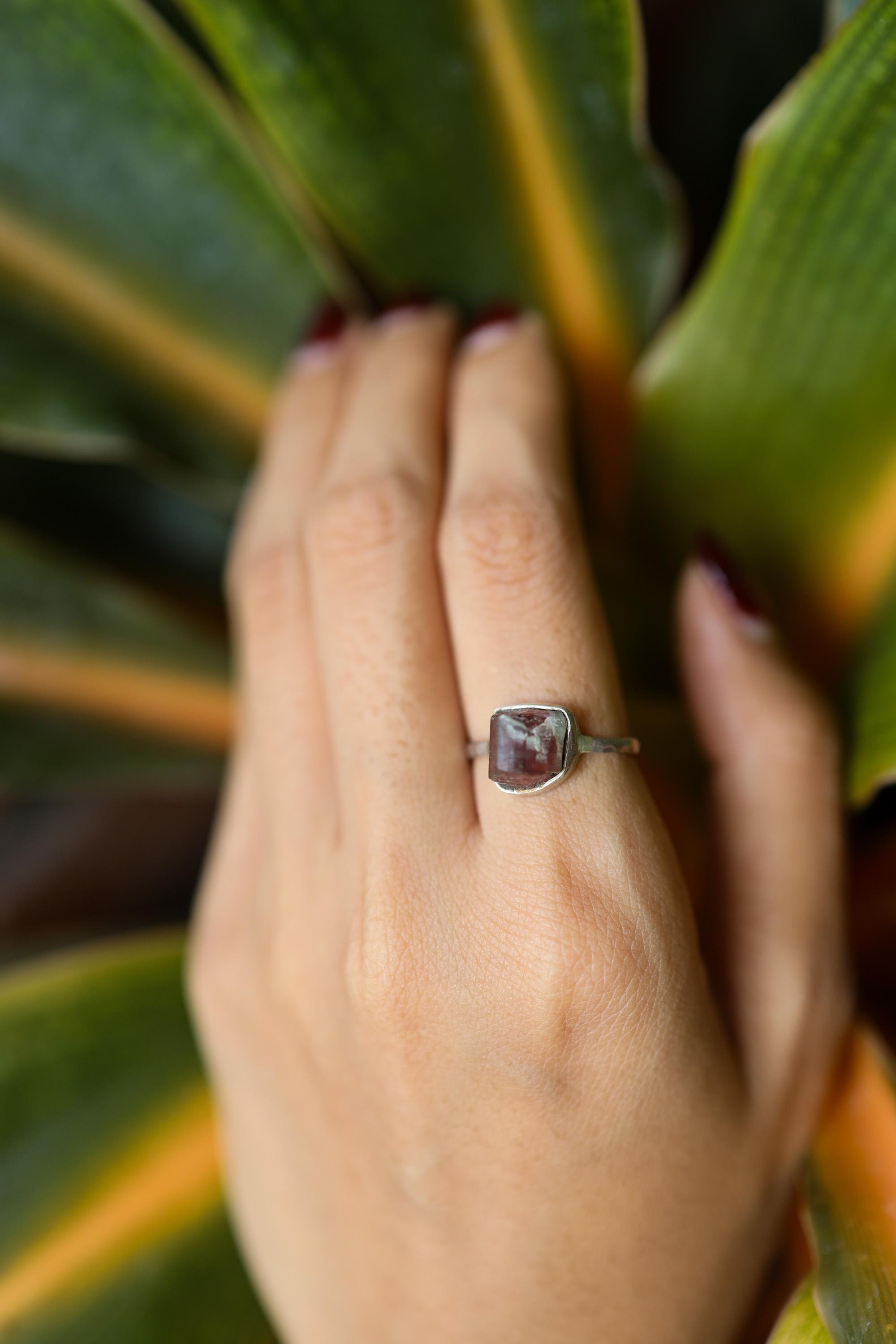 Pink Tourmaline Ring: 925 Sterling Silver, Hammered Band, Size 6