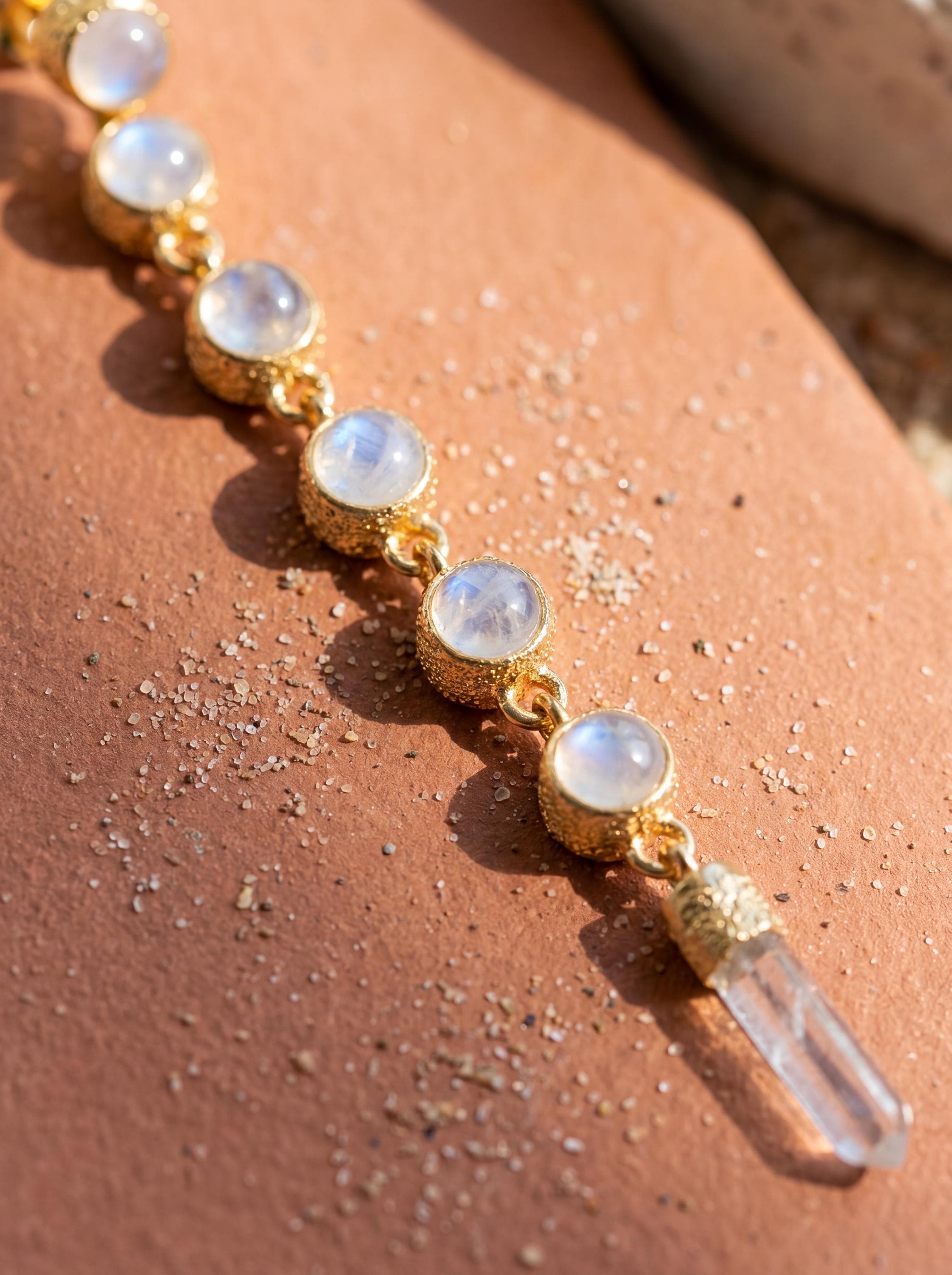 Blue Moonstone & Quartz Drop Earrings, Sand Textured Gold Plated Sterling Silver