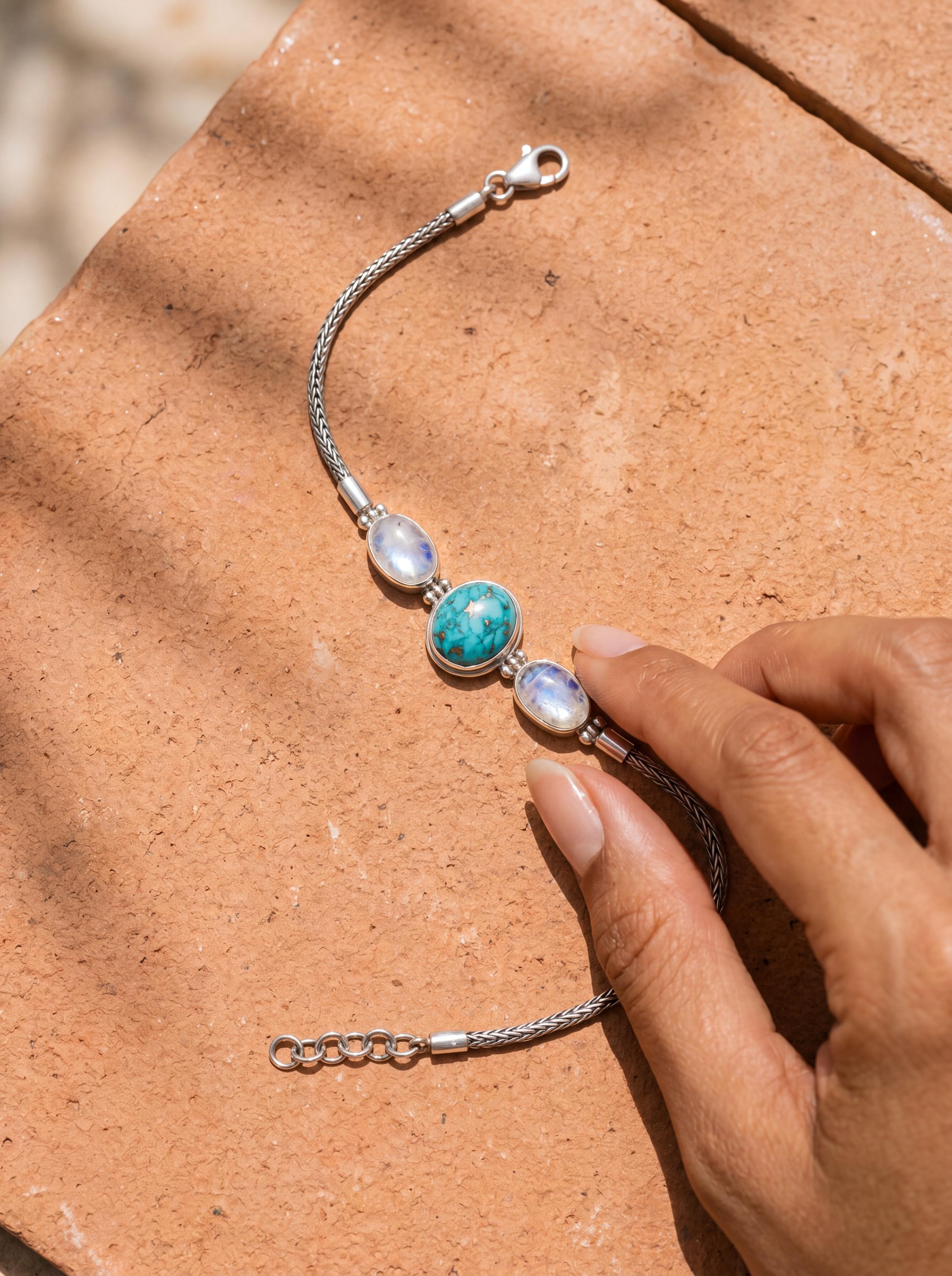 Turquoise Moonstone Silver Bracelet, Snake Chain Bracelet, 925 Sterling Silver, Oval Turquoise Center, Moonstone Bracelet, Healing Jewelry