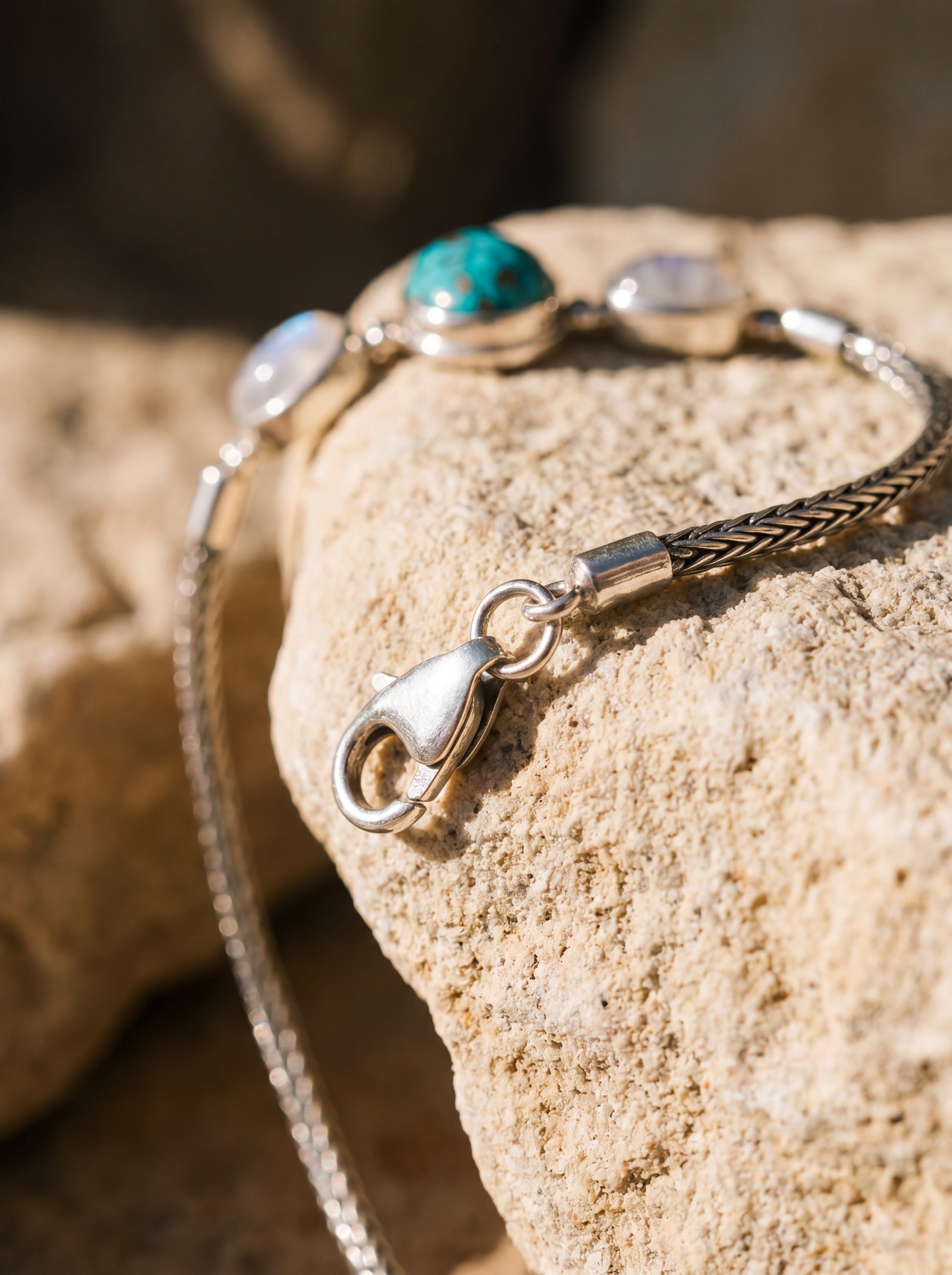 Turquoise Moonstone Silver Bracelet, Snake Chain Bracelet, 925 Sterling Silver, Oval Turquoise Center, Moonstone Bracelet, Healing Jewelry