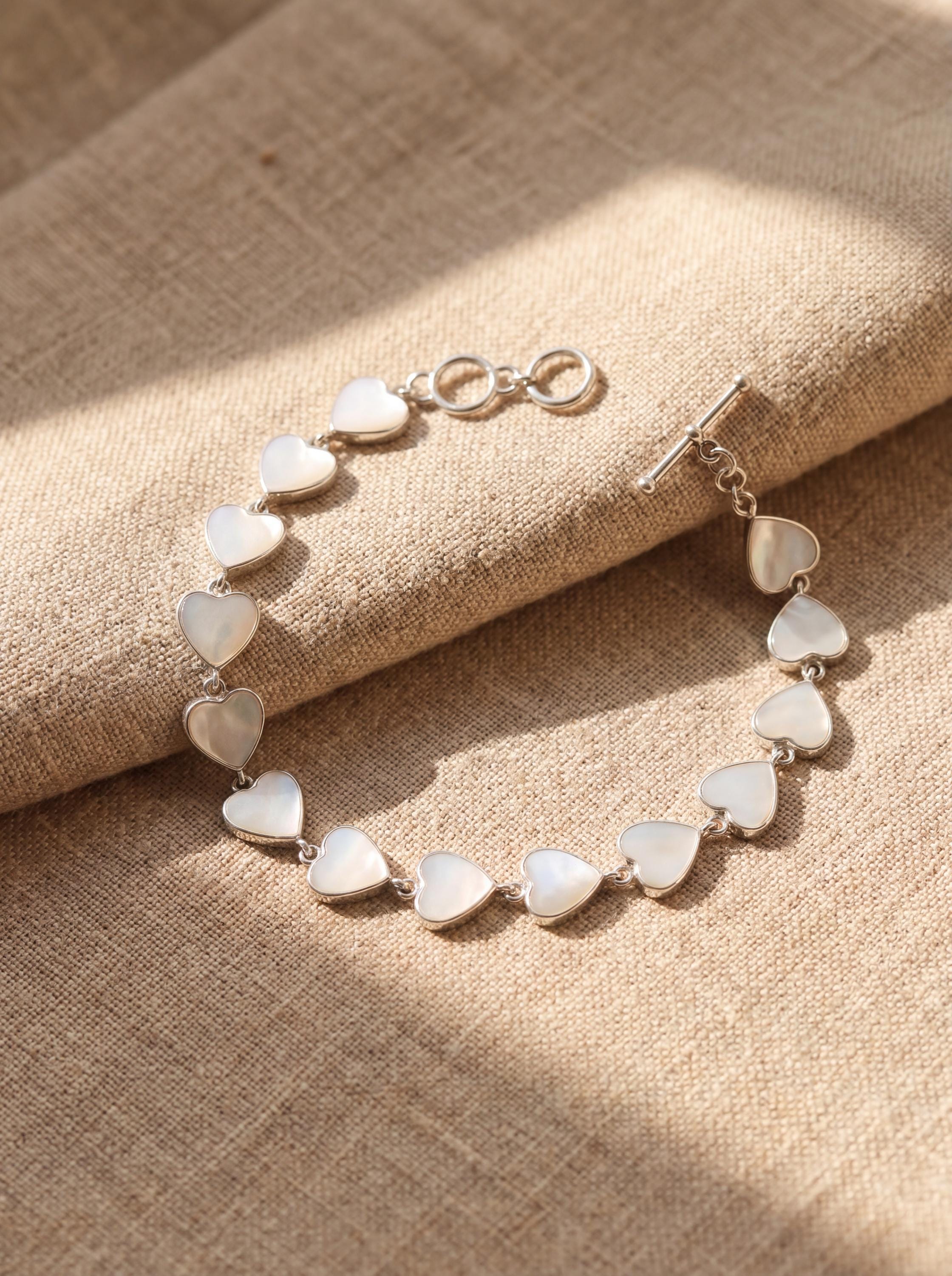 Sterling Silver Bracelets Mother of Pearl Heart Love Link Jewelry High Polish Romantic Gift Heart Chakra Bracelet