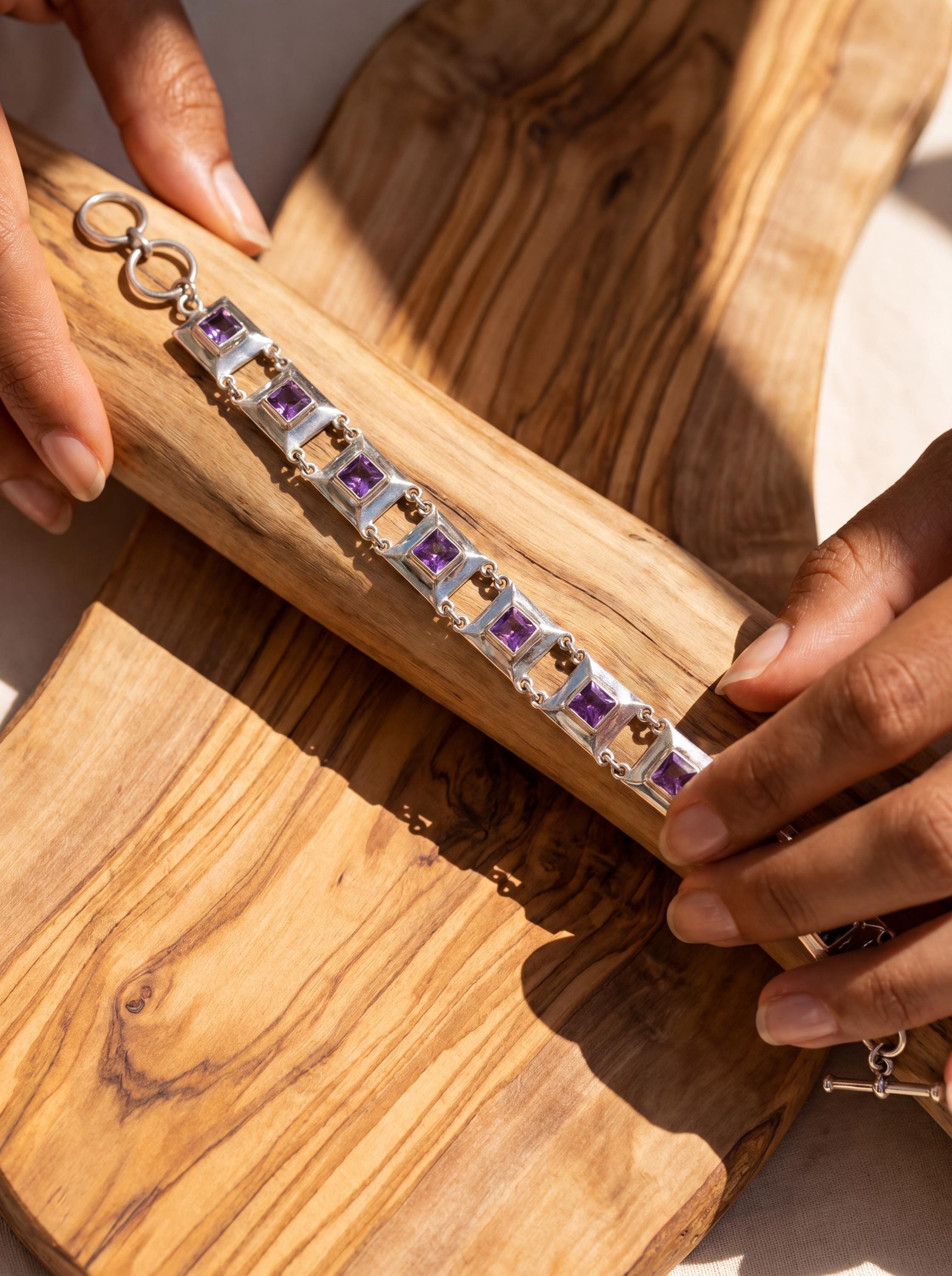 Square Amethyst Link Bracelet 925 Sterling Silver Purple Crystal Bracelet Crown Chakra Jewelry High Shine Gemstone Tennis Bracelet