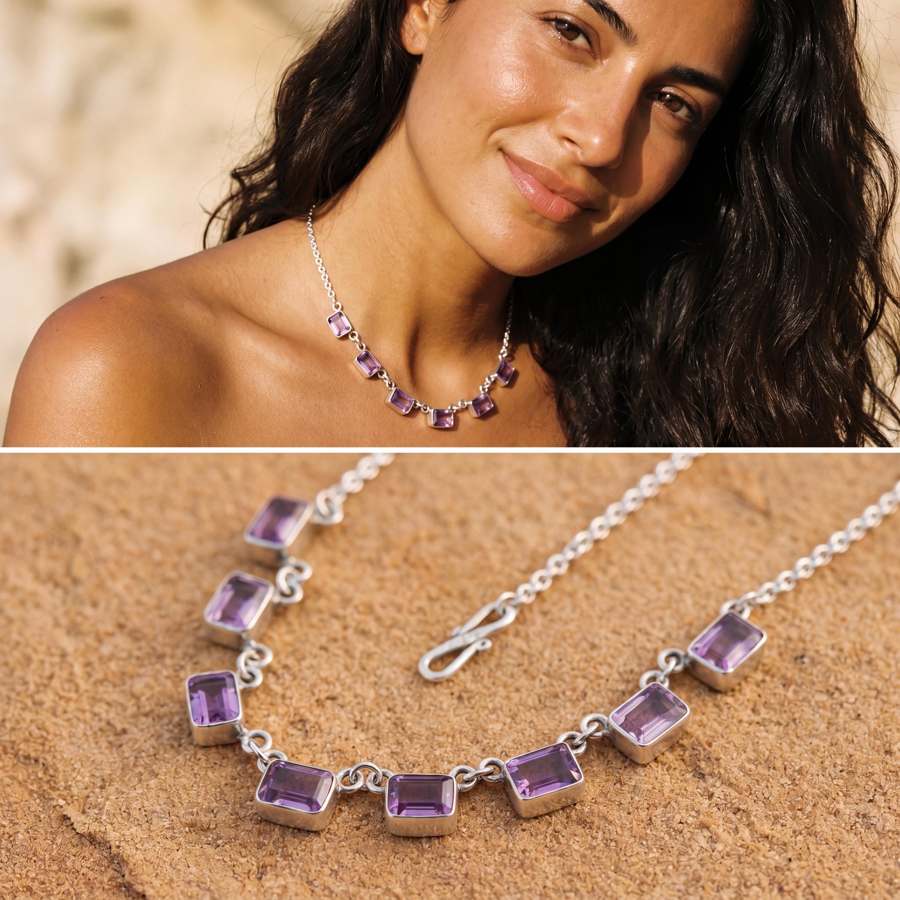Amethyst 7 Stone Necklace 925 Silver Cable Chain Square Cut Gemstone Necklace Crown Chakra Purple Jewelry Gift