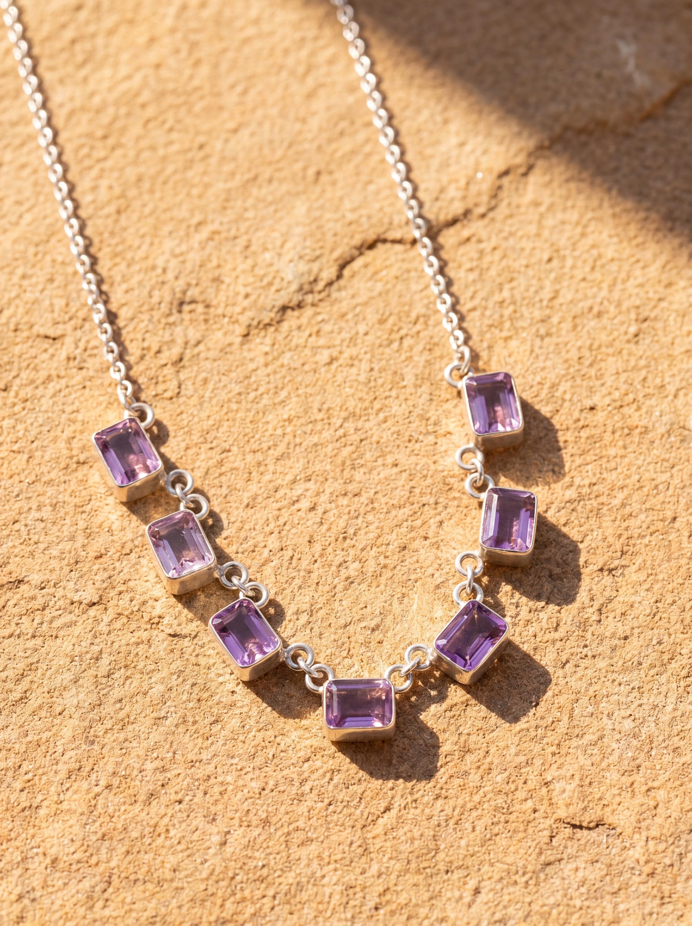 Amethyst 7 Stone Necklace 925 Silver Cable Chain Square Cut Gemstone Necklace Crown Chakra Purple Jewelry Gift