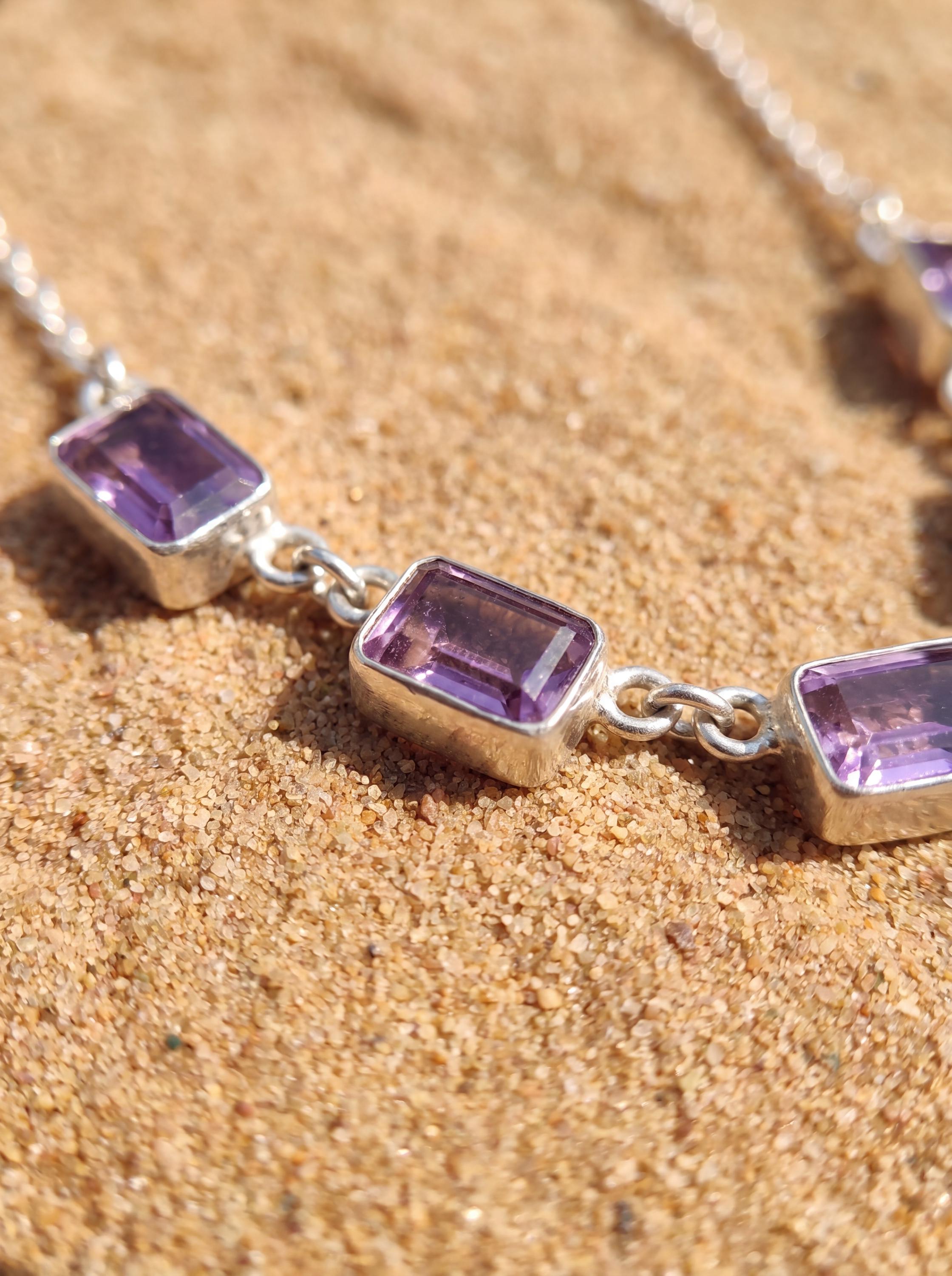 Amethyst 7 Stone Necklace 925 Silver Cable Chain Square Cut Gemstone Necklace Crown Chakra Purple Jewelry Gift