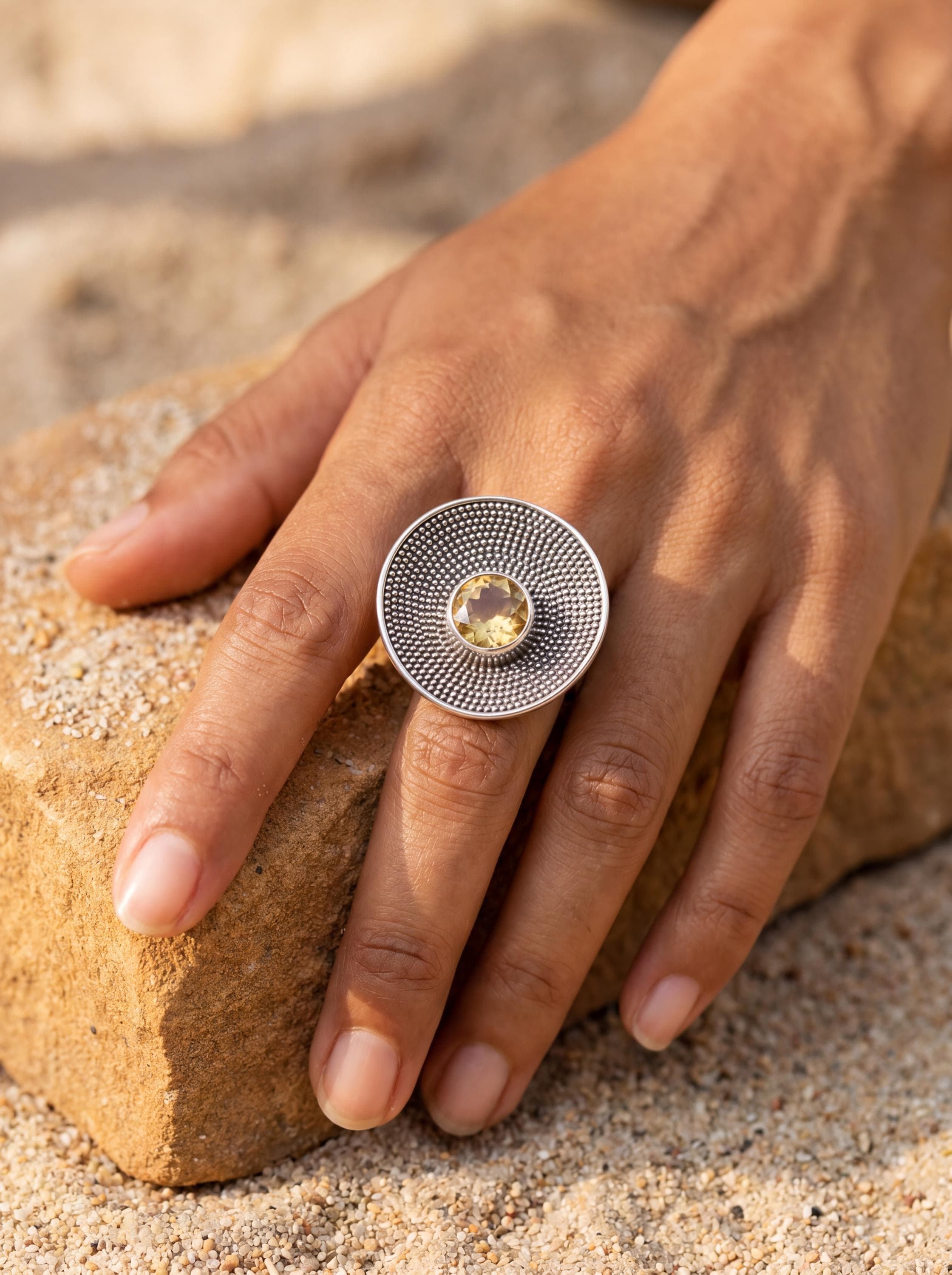 Adjustable Citrine Ring 925 Sterling Silver Solar Disc Statement Ring Faceted Gemstone Solar Plexus Chakra Jewelry Gift