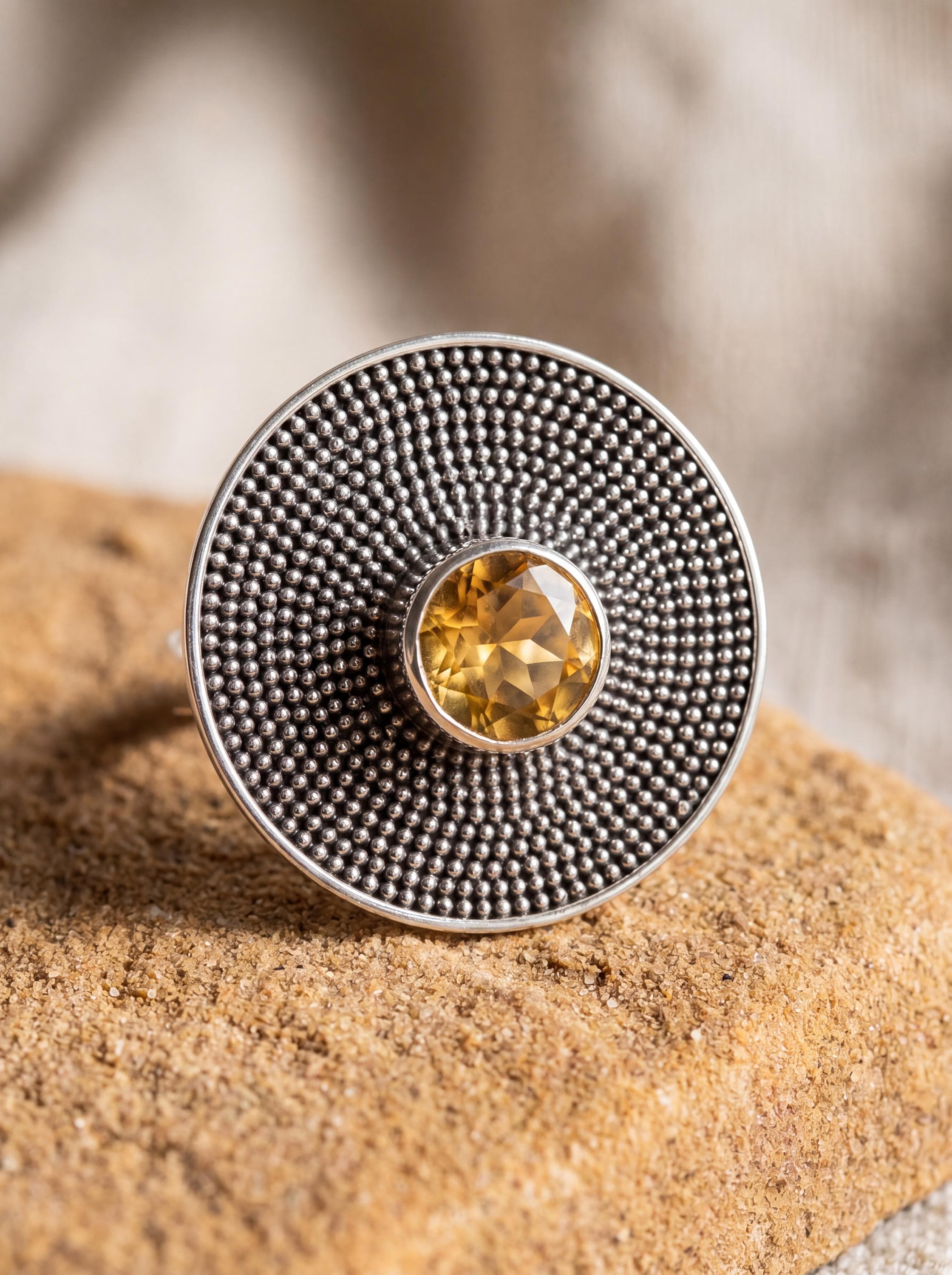 Adjustable Citrine Ring 925 Sterling Silver Solar Disc Statement Ring Faceted Gemstone Solar Plexus Chakra Jewelry Gift