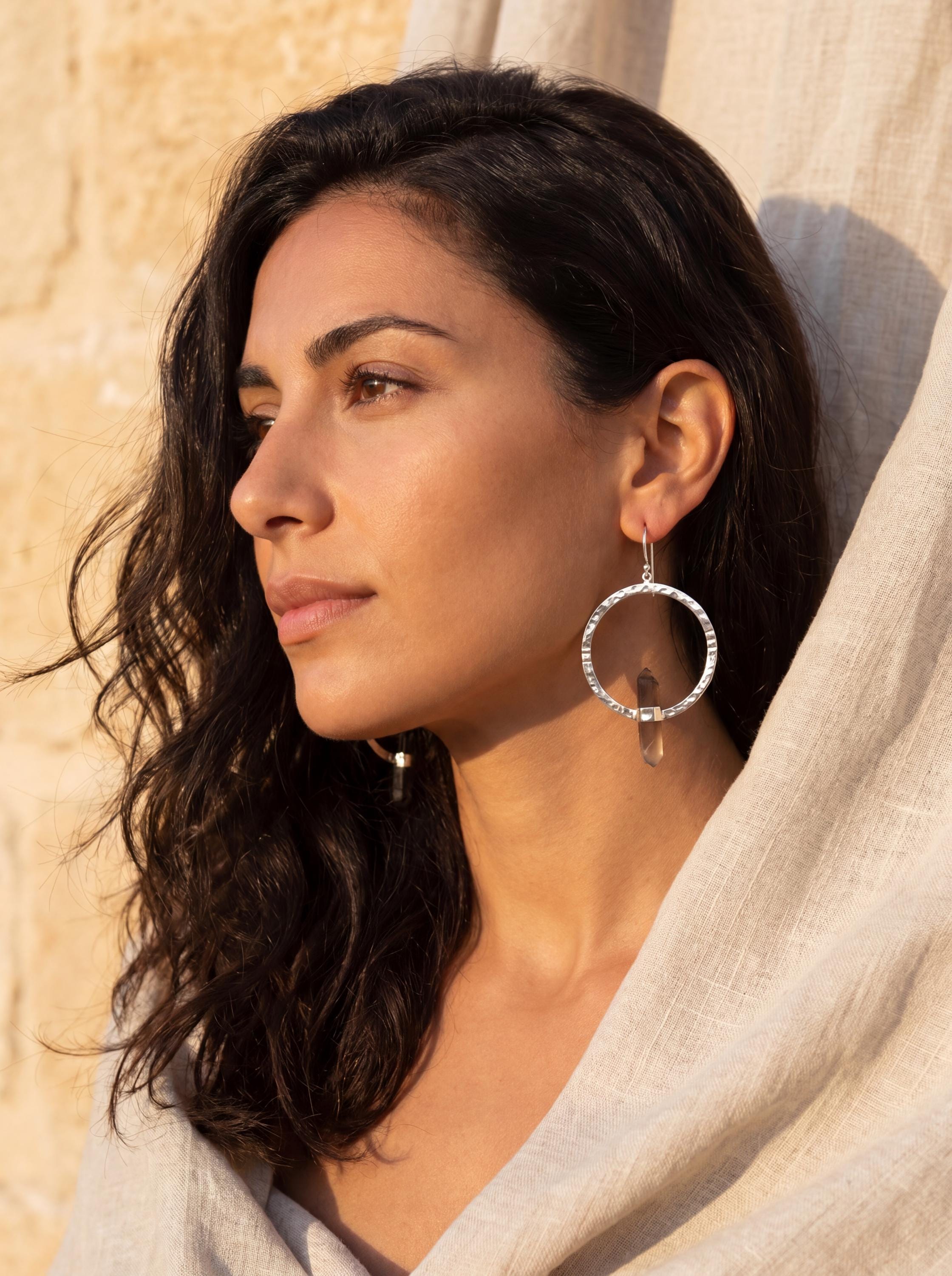 Smoky Quartz Point Earrings: Oxidized Sterling Silver Portal Hoops