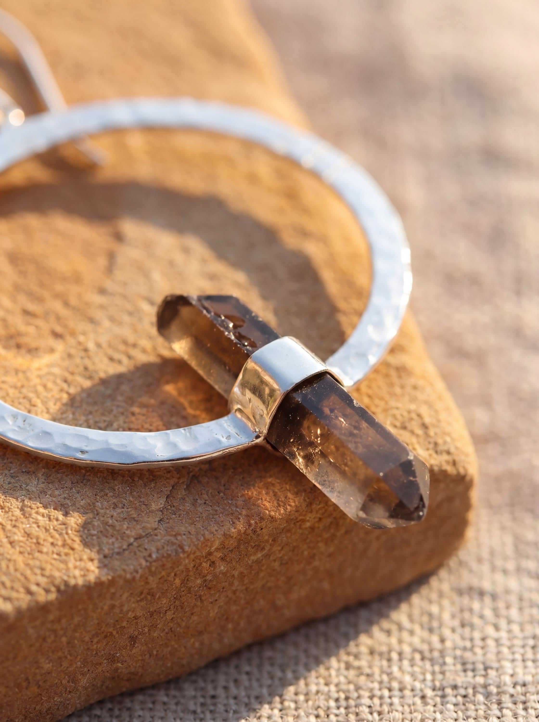 Smoky Quartz Point Earrings: Oxidized Sterling Silver Portal Hoops