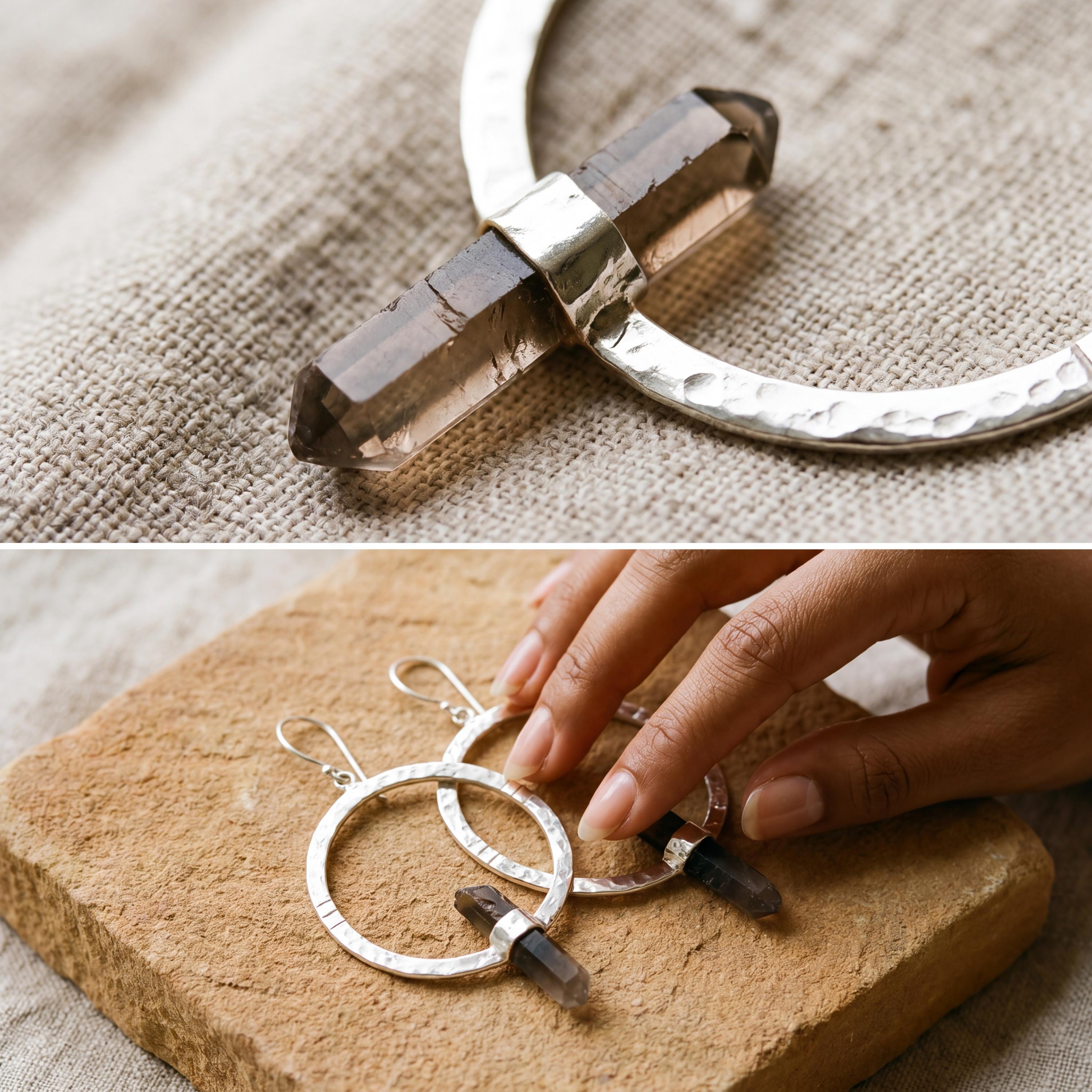 Smoky Quartz Point Earrings: Oxidized Sterling Silver Portal Hoops