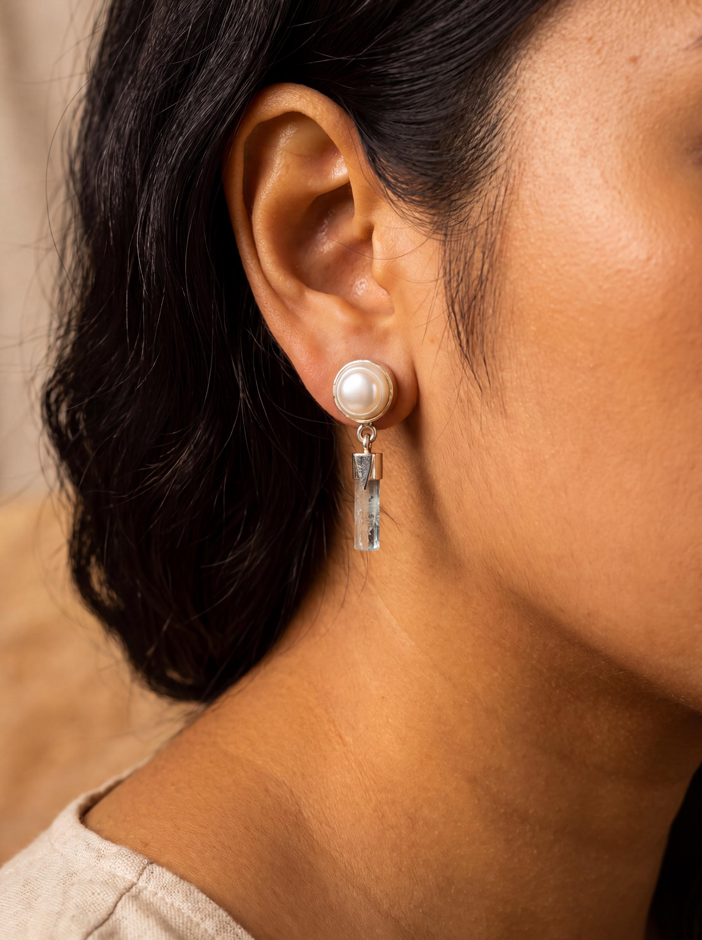 South Sea Pearl & Raw Aquamarine Sterling Silver Dangle Earrings