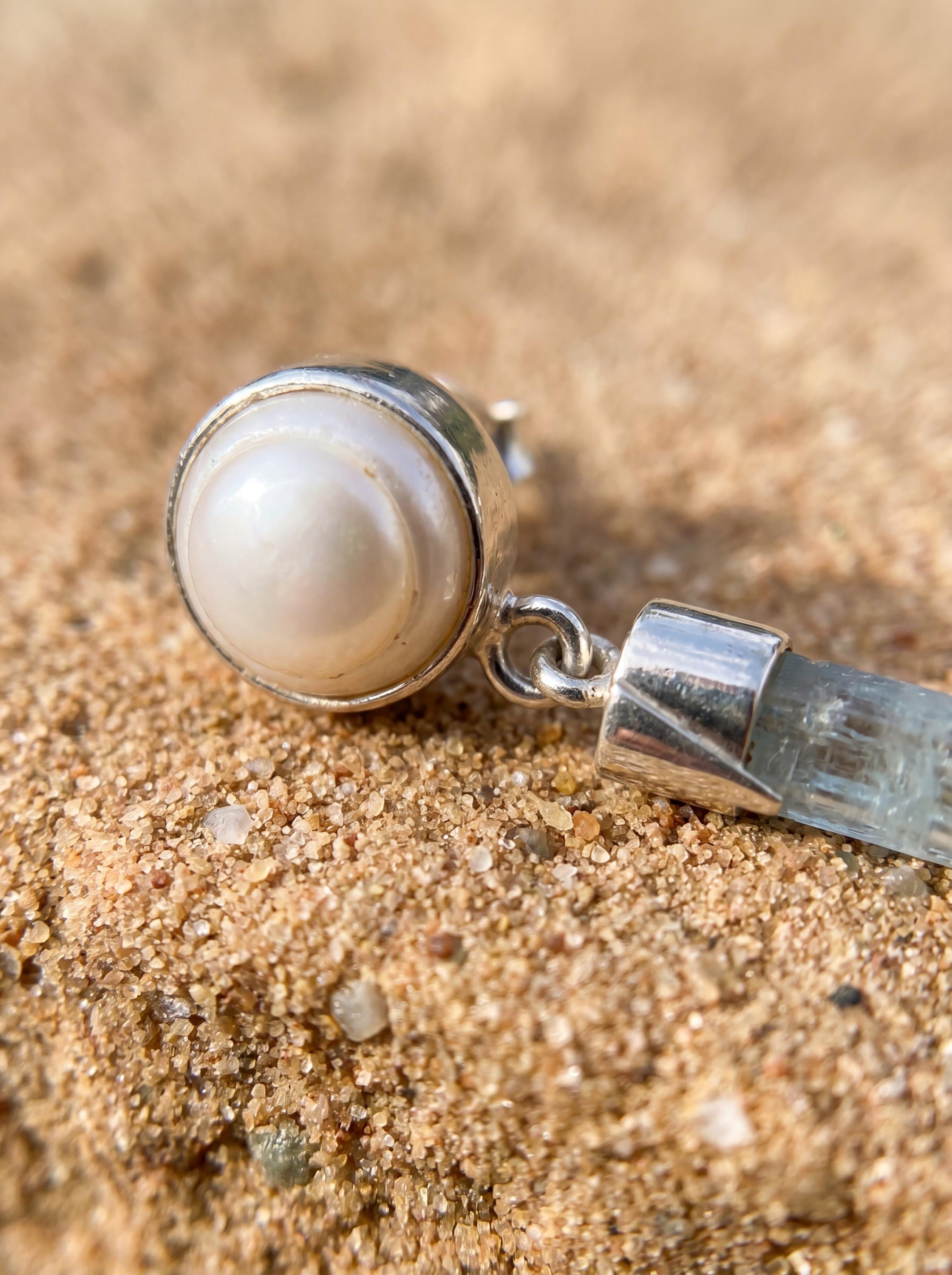 South Sea Pearl & Raw Aquamarine Sterling Silver Dangle Earrings