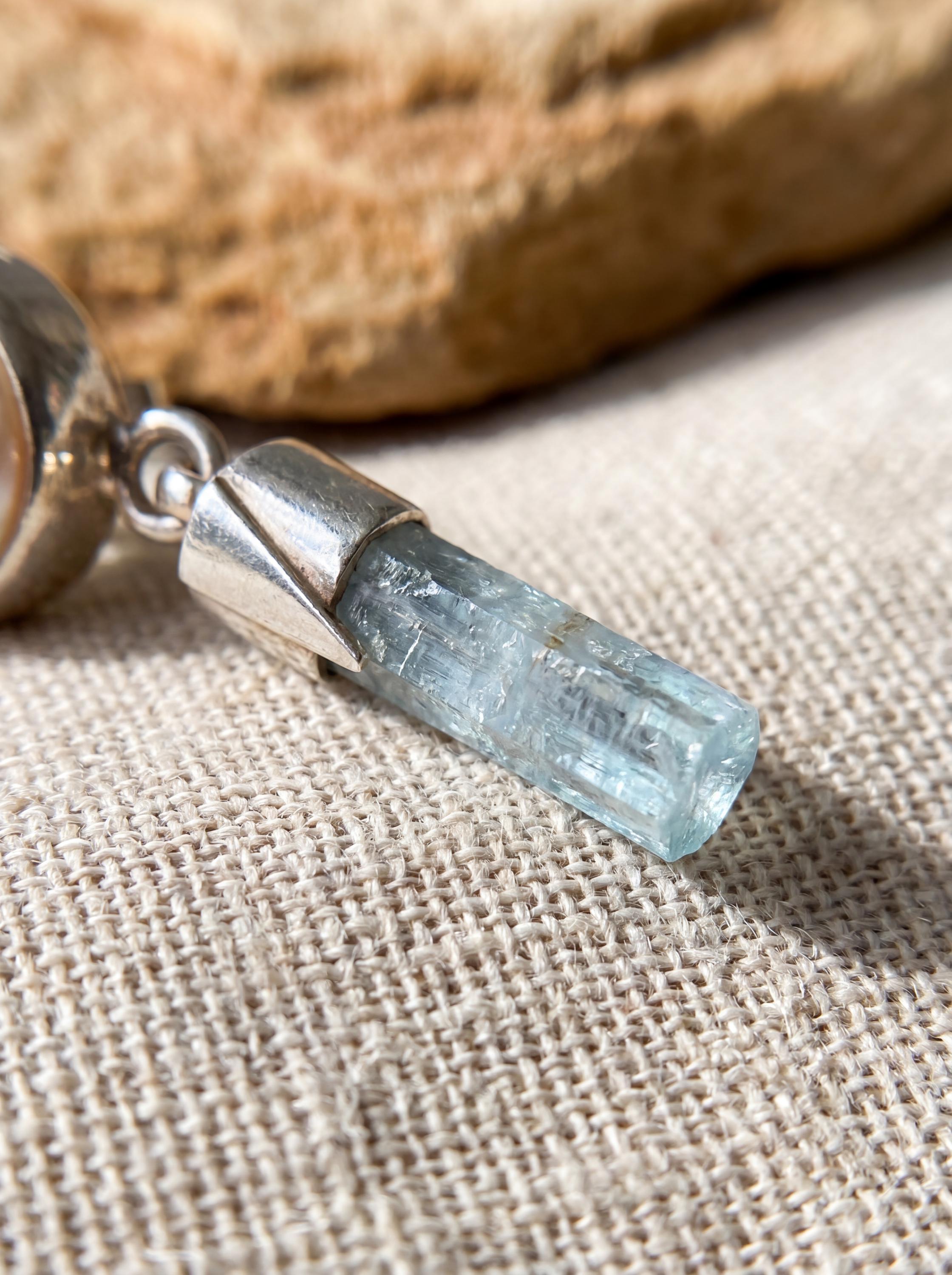 South Sea Pearl & Raw Aquamarine Sterling Silver Dangle Earrings