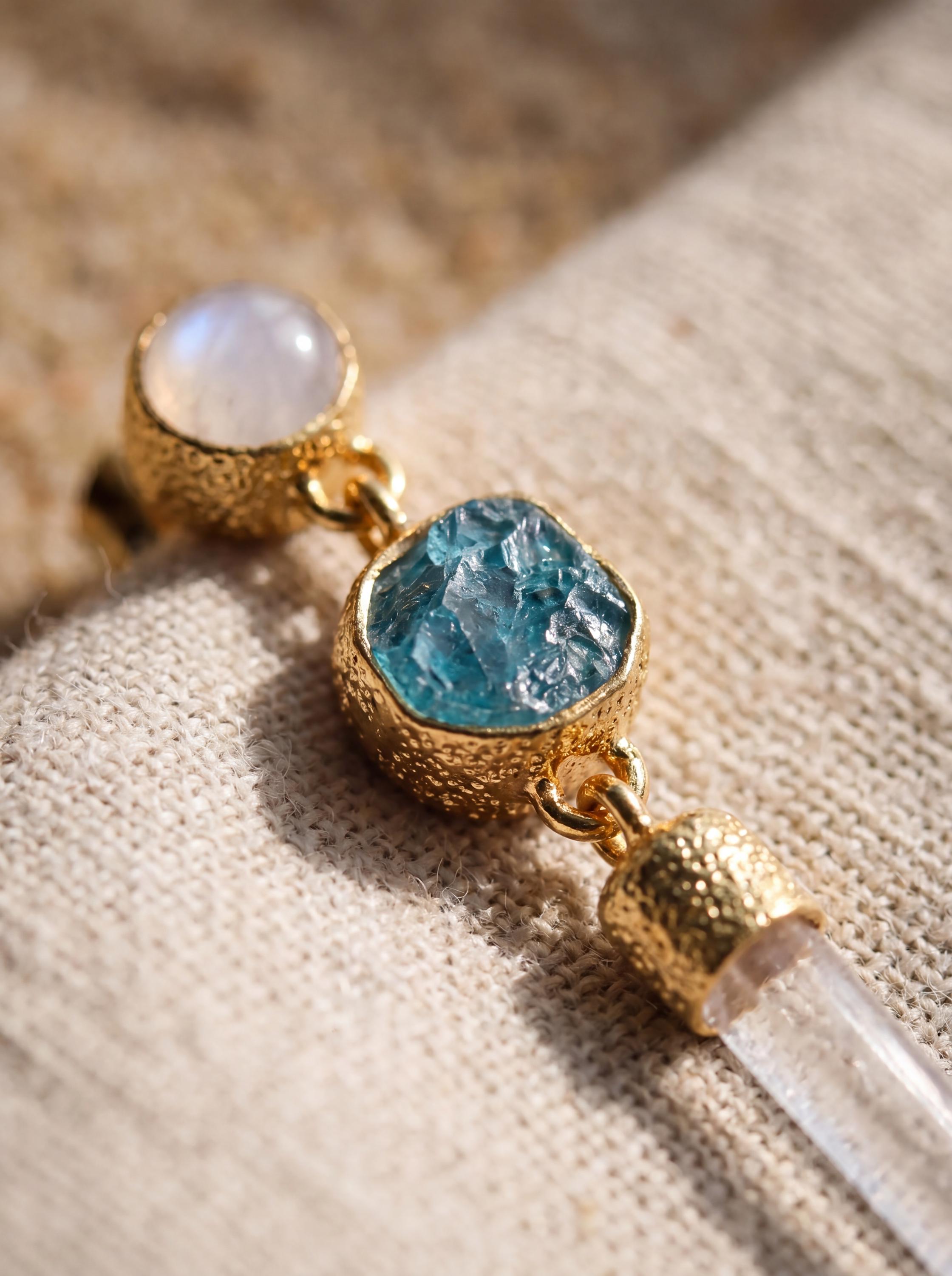 Moonstone Apatite Quartz Earrings, Sand Textured Sterling Silver, Gold Plated