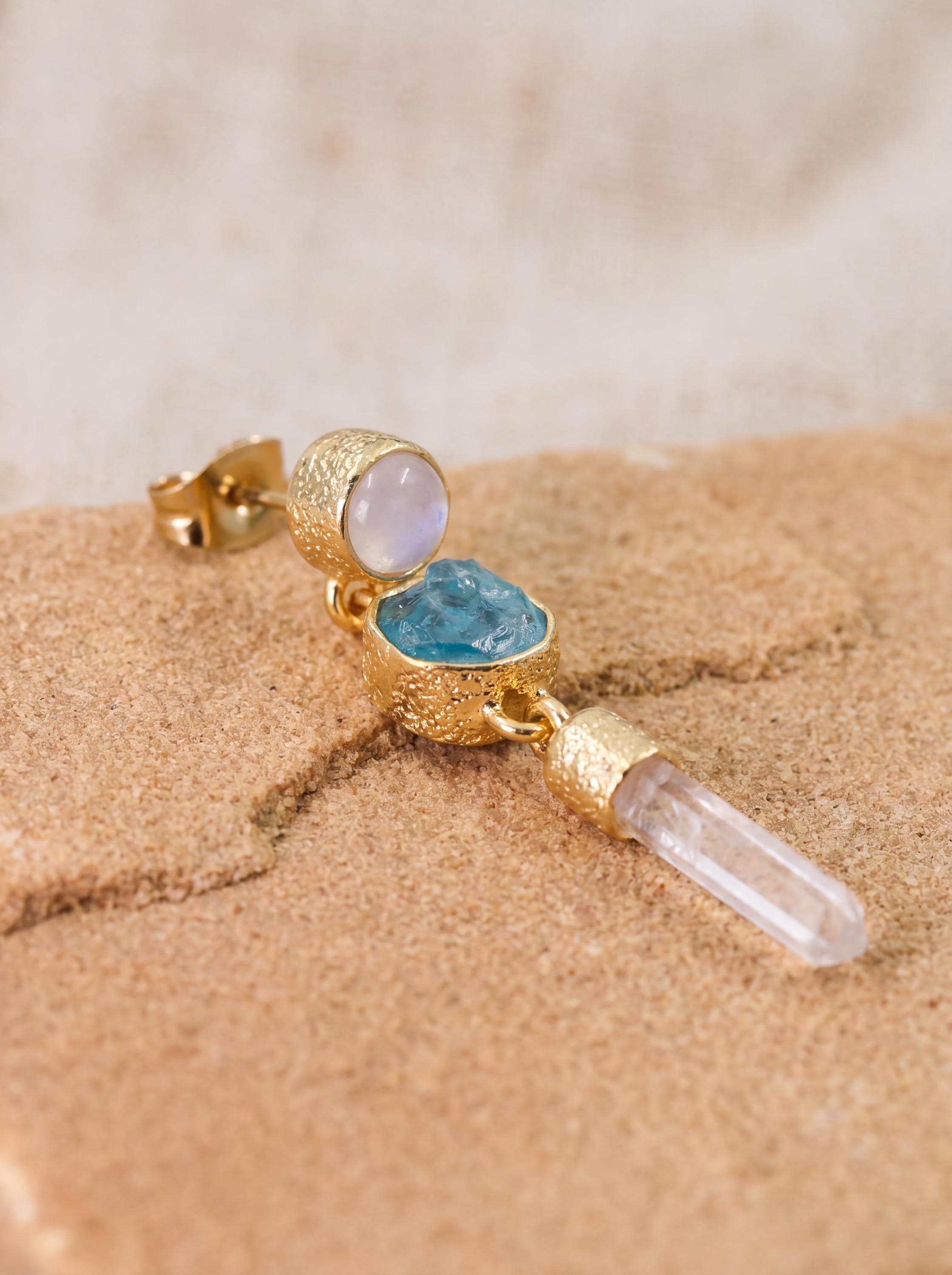Moonstone Apatite Quartz Earrings, Sand Textured Sterling Silver, Gold Plated