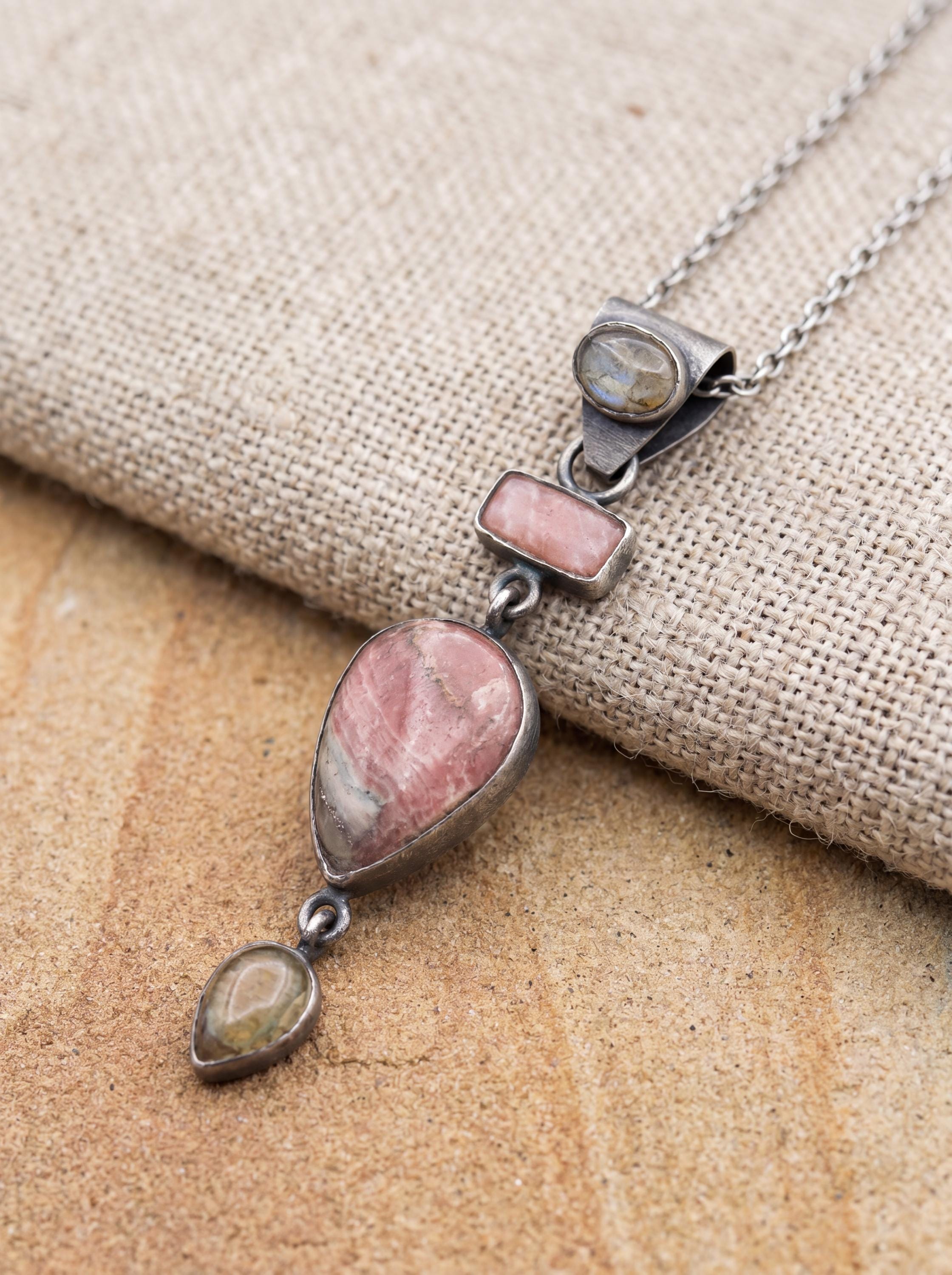 Labradorite Rhodochrosite Pendant, Moonstone Bail, Oxidized Sterling Silver, Brush Texture Crystal Charm, Heart Chakra Cancer