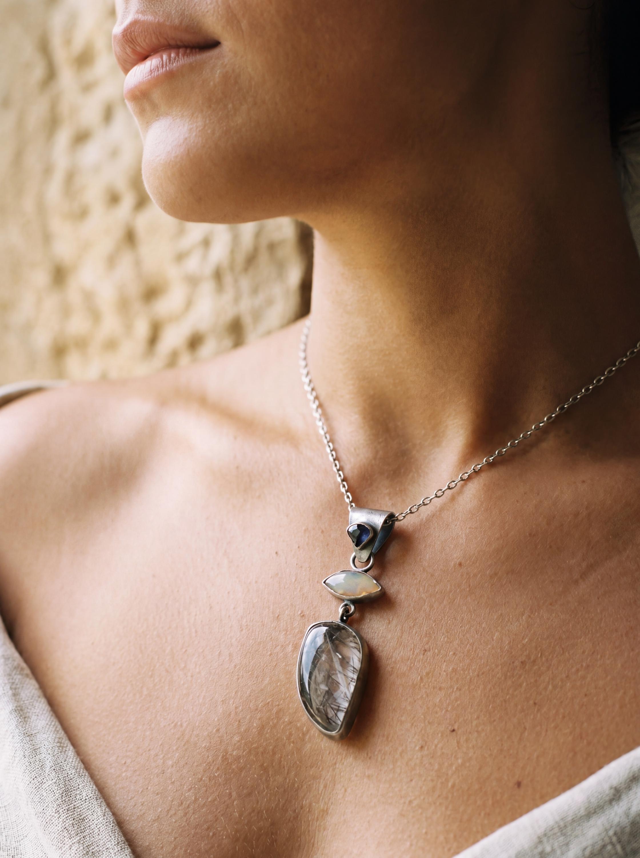 Ethiopian Opal Sapphire Black Rutile Quartz Pendant, Oxidized Sterling Silver Eye Charm, Brush Texture, Aged Look Talisman