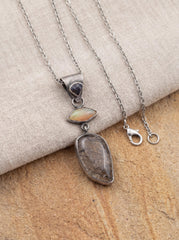Ethiopian Opal Sapphire Black Rutile Quartz Pendant, Oxidized Sterling Silver Eye Charm, Brush Texture, Aged Look Talisman