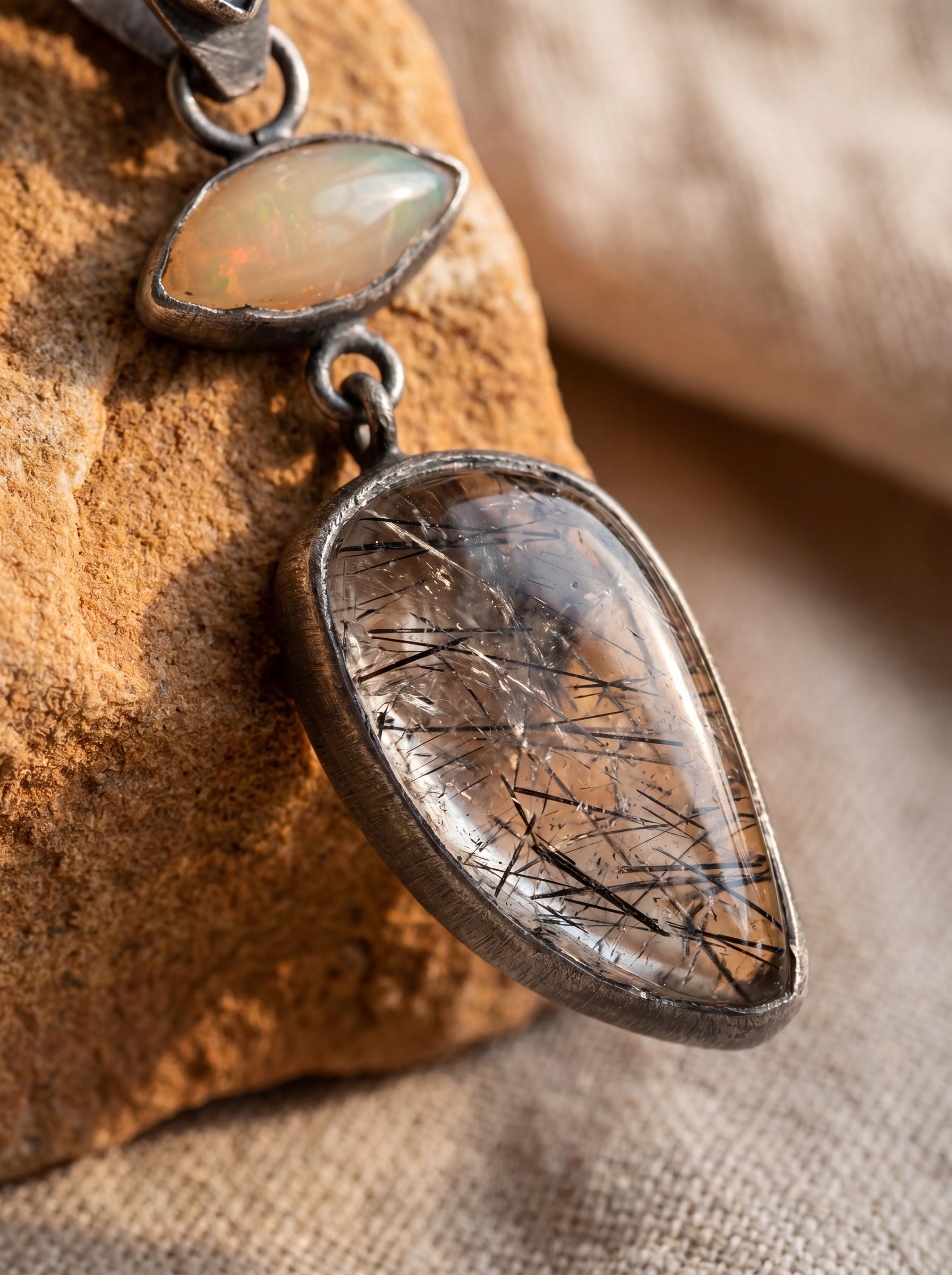 Ethiopian Opal Sapphire Black Rutile Quartz Pendant, Oxidized Sterling Silver Eye Charm, Brush Texture, Aged Look Talisman