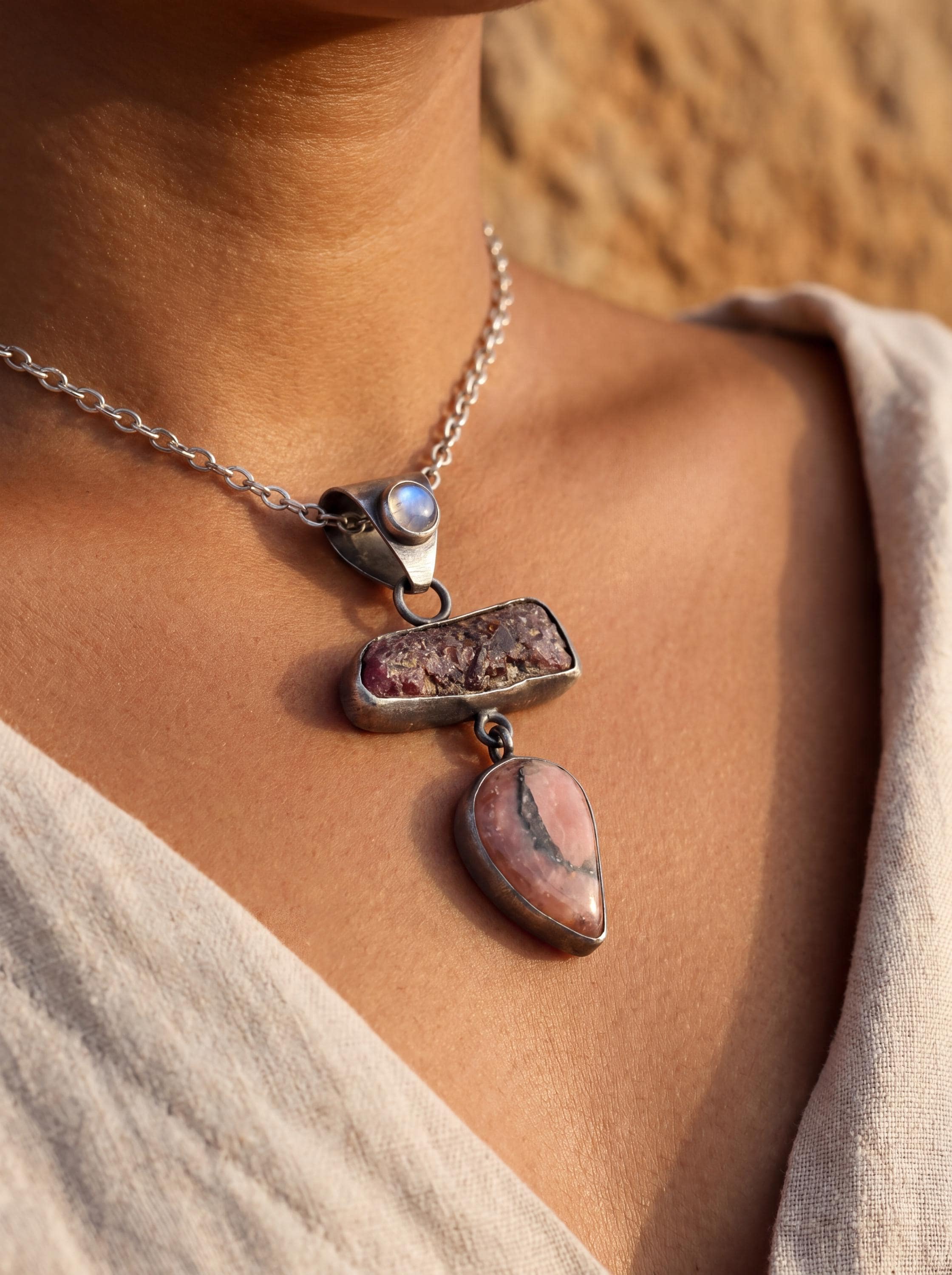 Moonstone Raw Ruby Rhodochrosite Pendant, Oxidized Sterling Silver, Brushed Dangle Charm, Heart Root Chakra, Cancer Leo