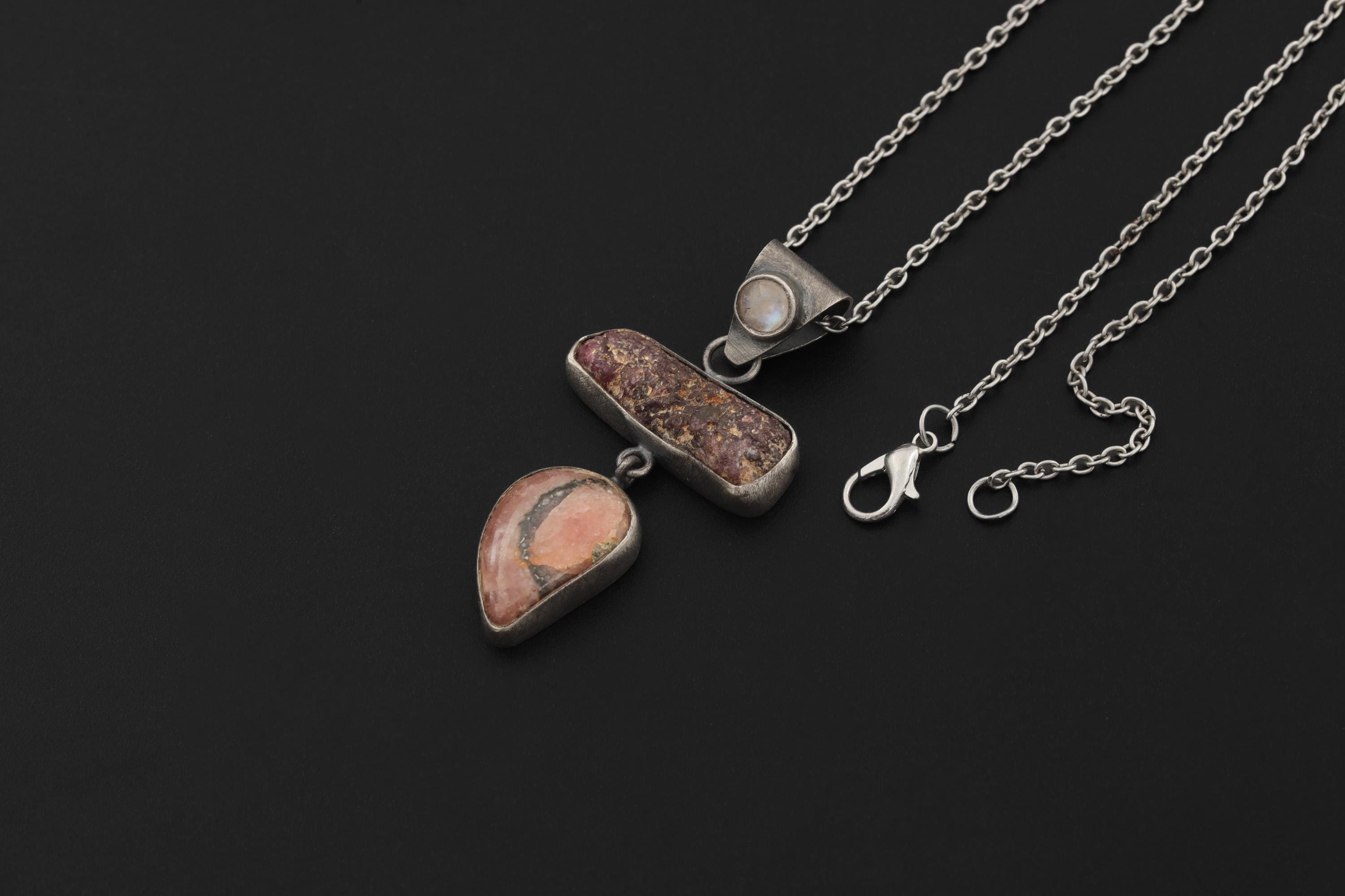 Moonstone Raw Ruby Rhodochrosite Pendant, Oxidized Sterling Silver, Brushed Dangle Charm, Heart Root Chakra, Cancer Leo