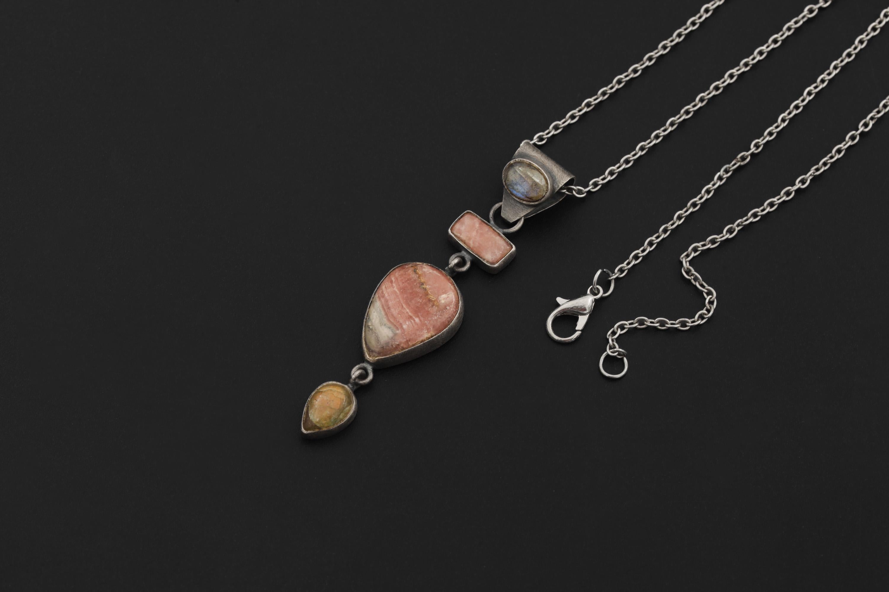 Labradorite Rhodochrosite Pendant, Moonstone Bail, Oxidized Sterling Silver, Brush Texture Crystal Charm, Heart Chakra Cancer