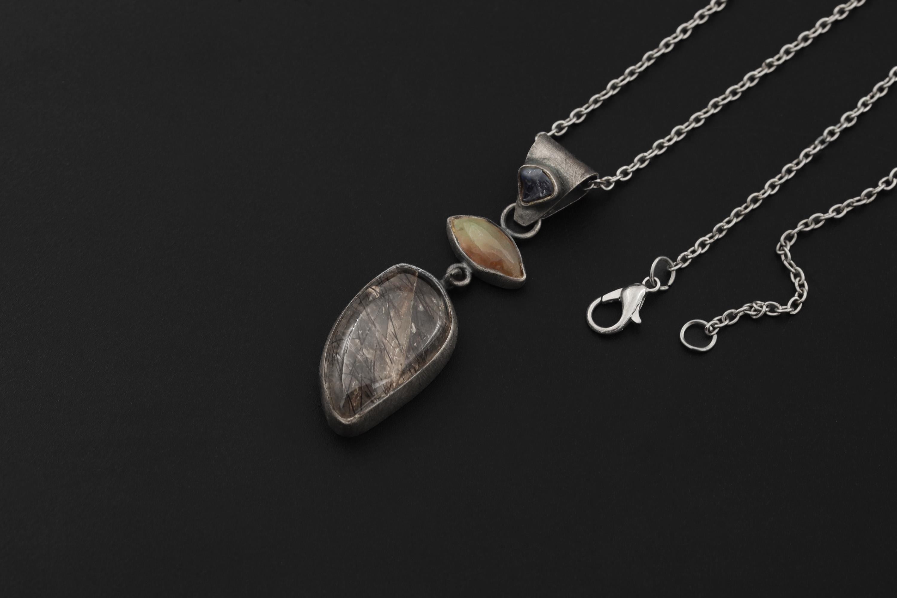 Ethiopian Opal Sapphire Black Rutile Quartz Pendant, Oxidized Sterling Silver Eye Charm, Brush Texture, Aged Look Talisman