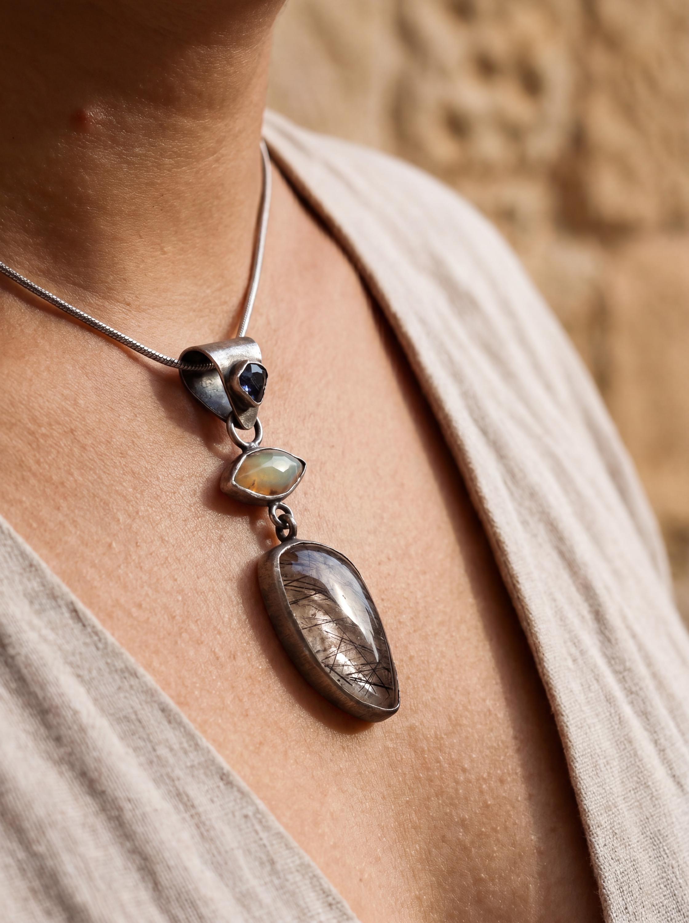 Ethiopian Opal Sapphire Black Rutile Quartz Pendant, Oxidized Sterling Silver Eye Charm, Brush Texture, Aged Look Talisman