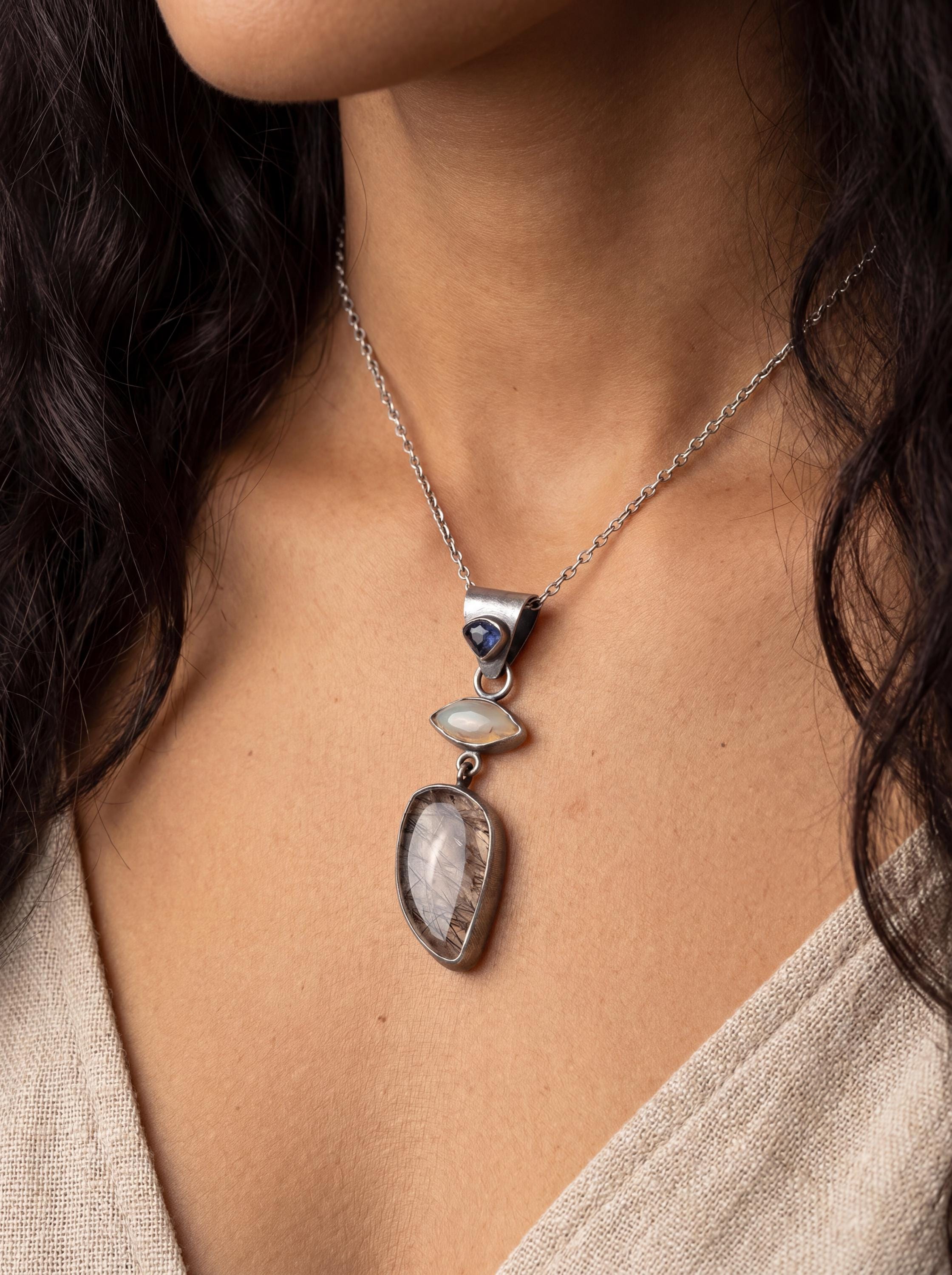 Ethiopian Opal Sapphire Black Rutile Quartz Pendant, Oxidized Sterling Silver Eye Charm, Brush Texture, Aged Look Talisman