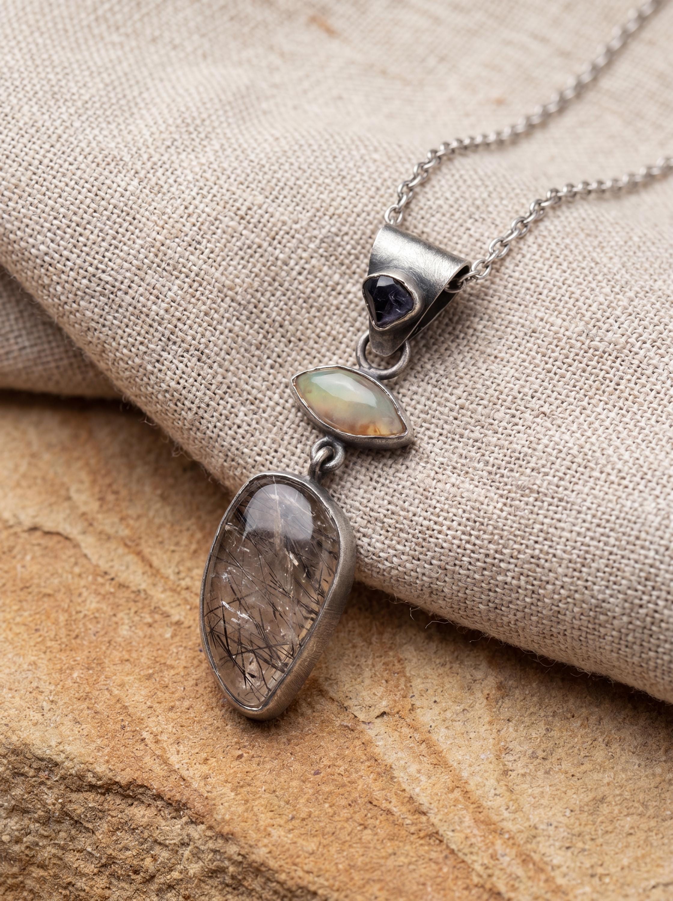 Ethiopian Opal Sapphire Black Rutile Quartz Pendant, Oxidized Sterling Silver Eye Charm, Brush Texture, Aged Look Talisman