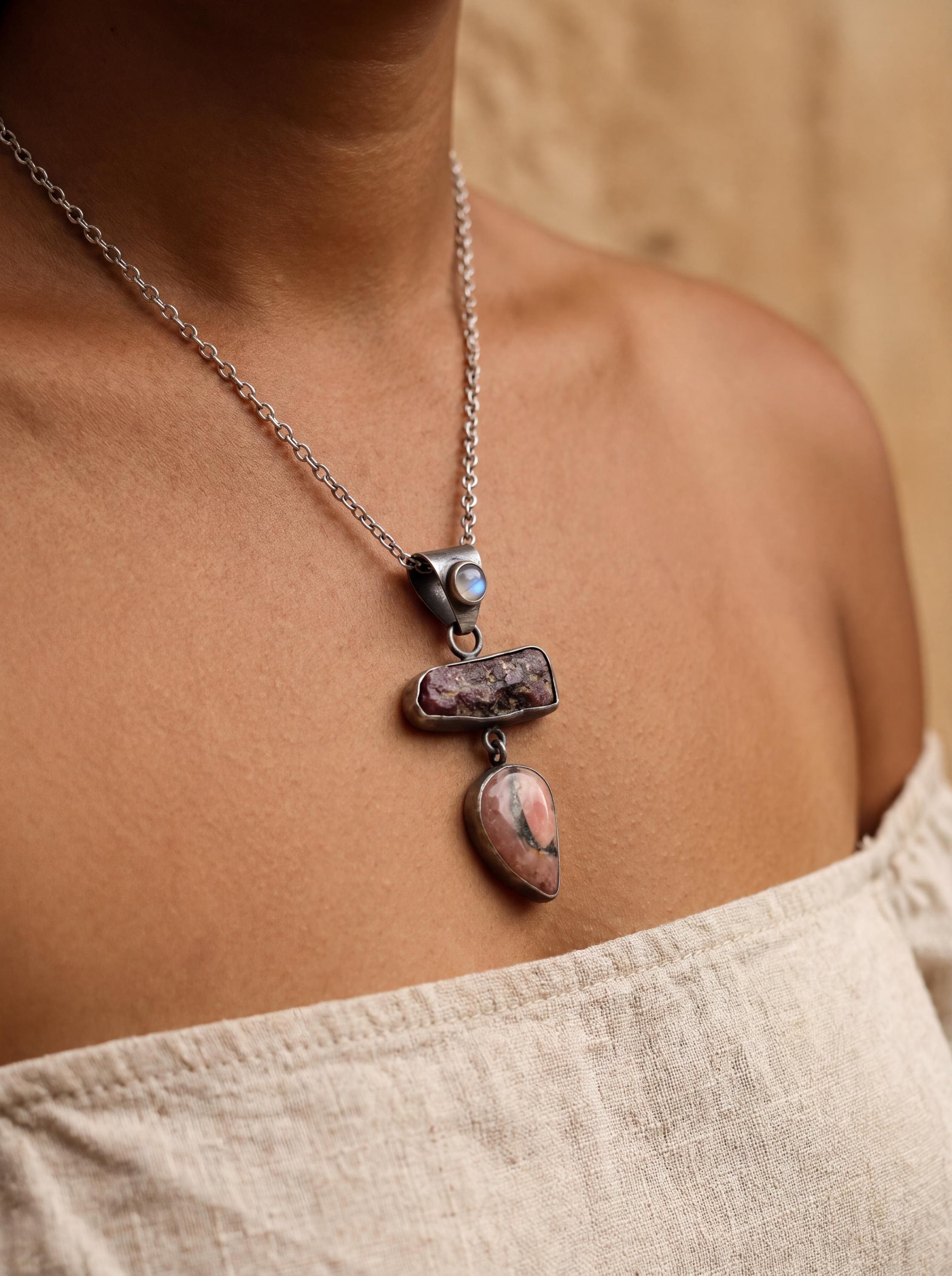 Moonstone Raw Ruby Rhodochrosite Pendant, Oxidized Sterling Silver, Brushed Dangle Charm, Heart Root Chakra, Cancer Leo